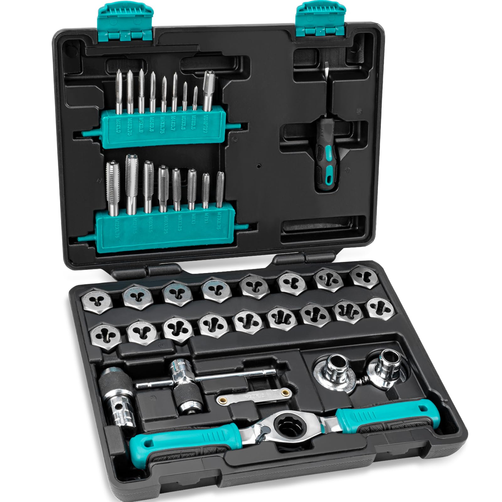 Linder Group Inc Metric Tap and Die Set 42 Piece with Ratcheting T Handle Soft Grip CNC Machined Steel for Internal and External Threading on Metal #L3DD3MRC