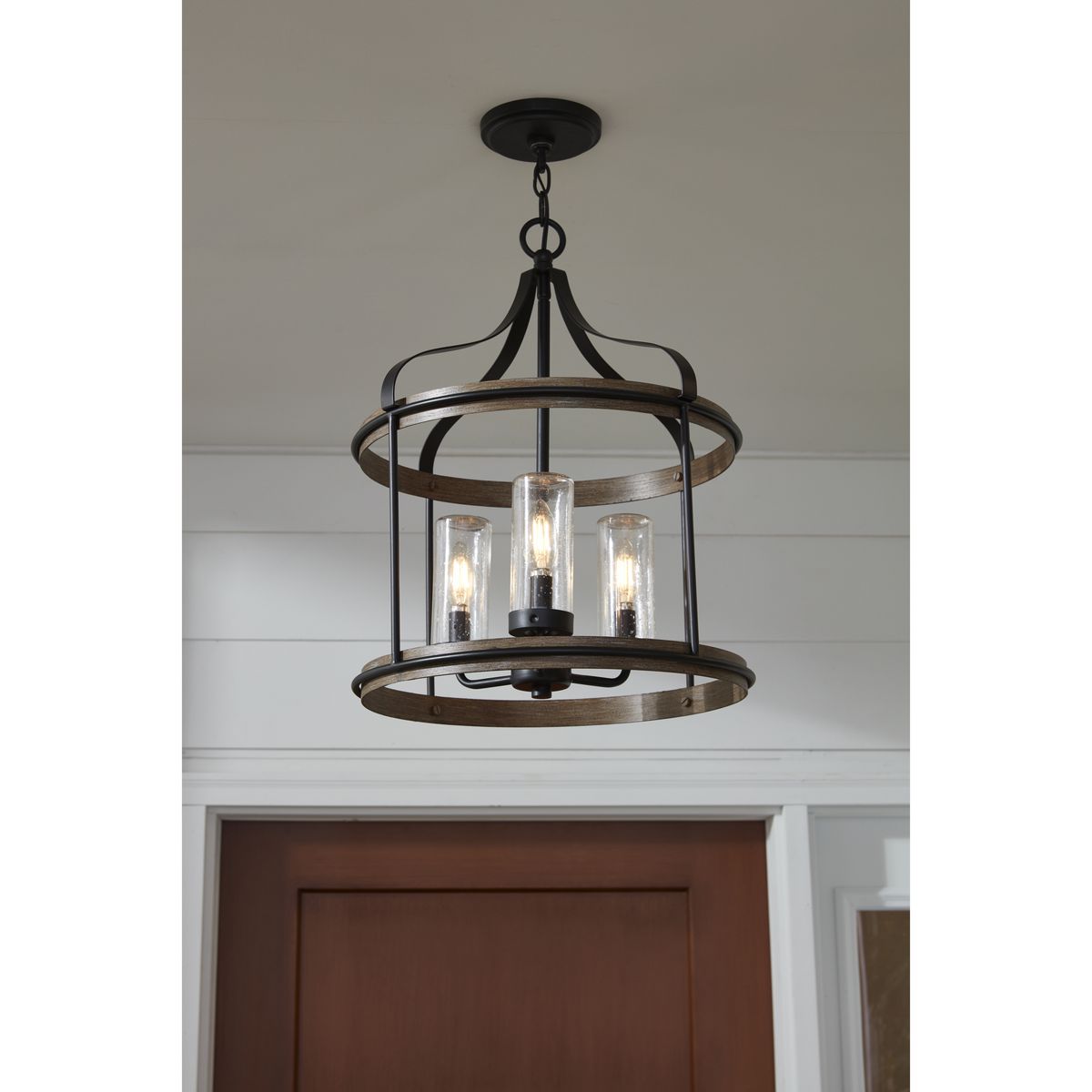 Brenham Matte Black 3-Light Farmhouse Pendant with Seeded Glass