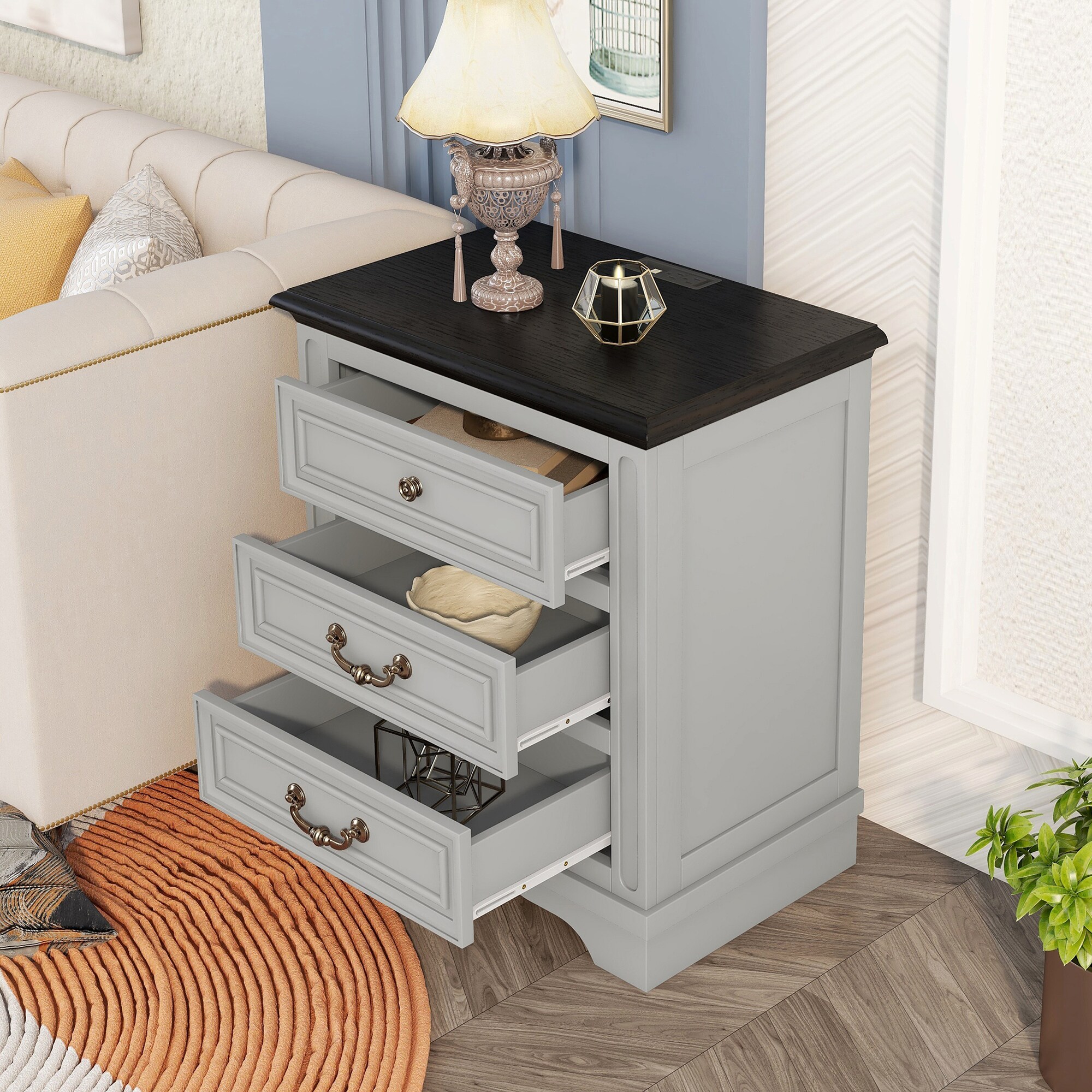 Clihome 3 Drawers Nightstand Gray Rubberwood Nightstand in the ...