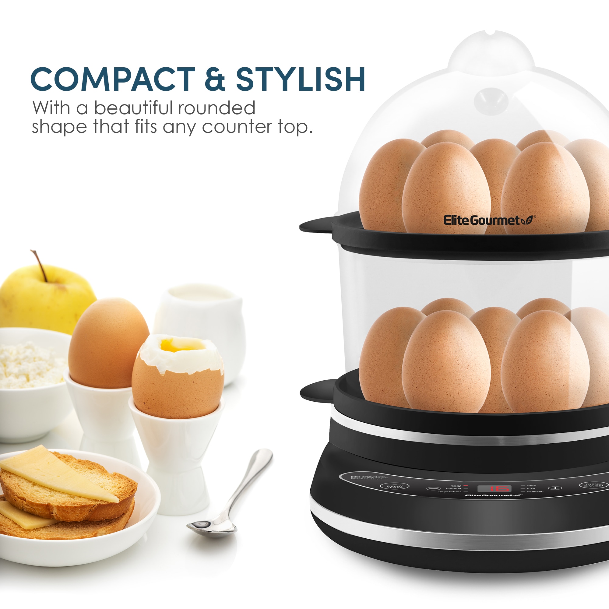 Elite Gourmet 7-Eggs White Easy Egg Cooker with Poaching Tray