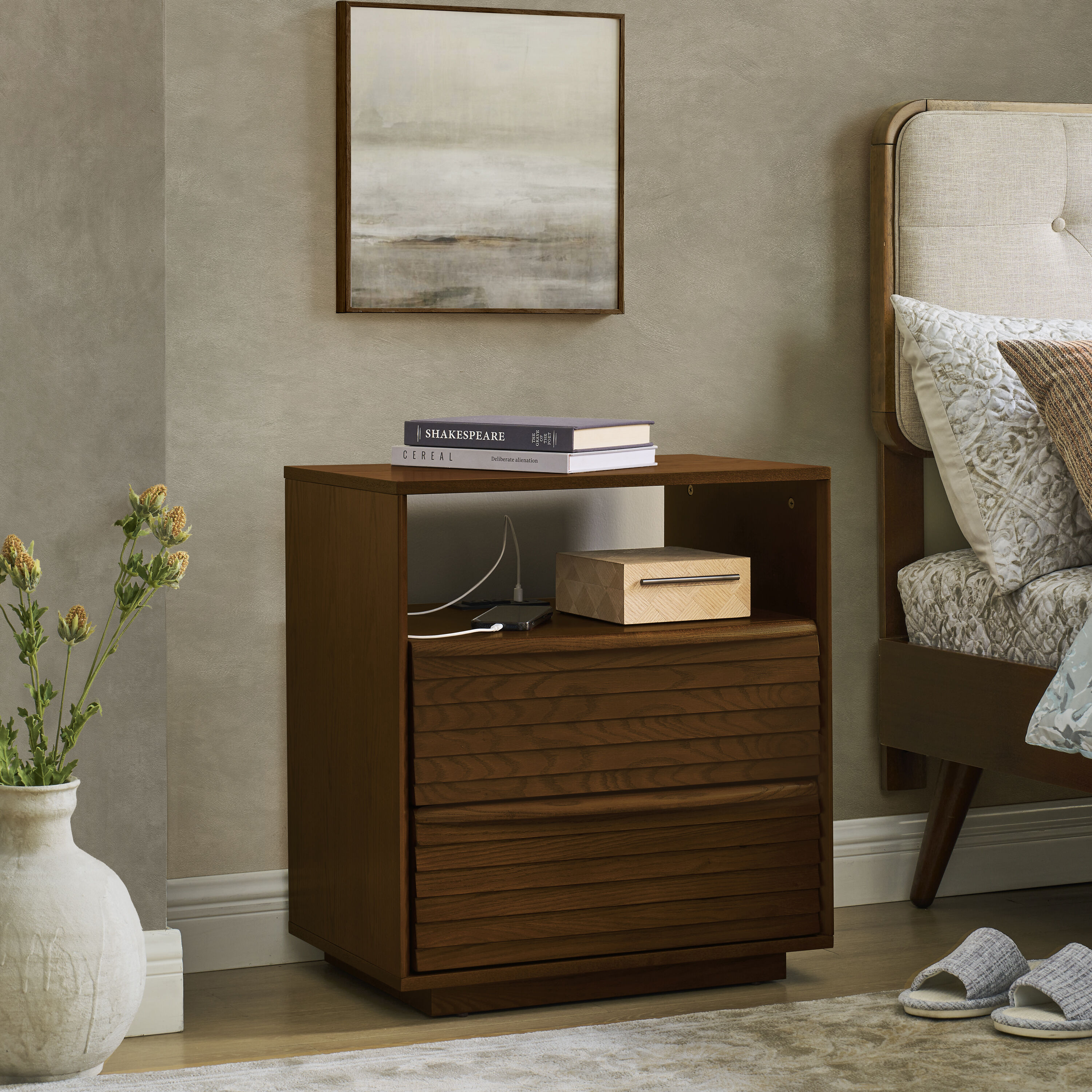 GDFStudio 337198 Caleb Mid Century Solid Wood Nightstand with Charging Station and Drawers Walnut Brown