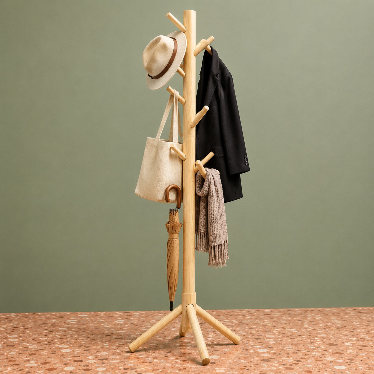 WZK Freestanding Wooden Coat Rack 8 Adjustable Hooks 3 Tiered Tree ...
