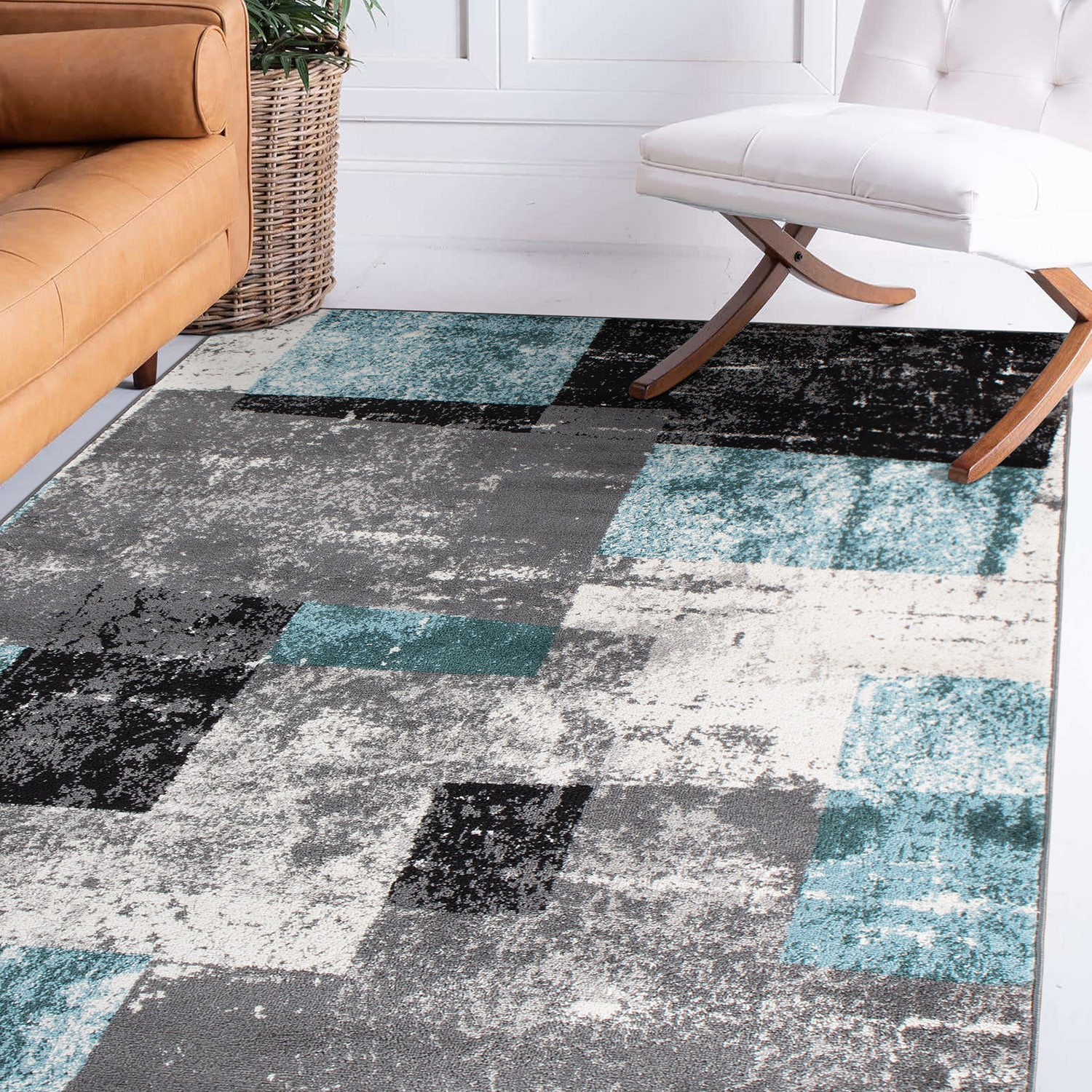 Blue and Gray Synthetic Reversible Geometric 5' x 7' Area Rug
