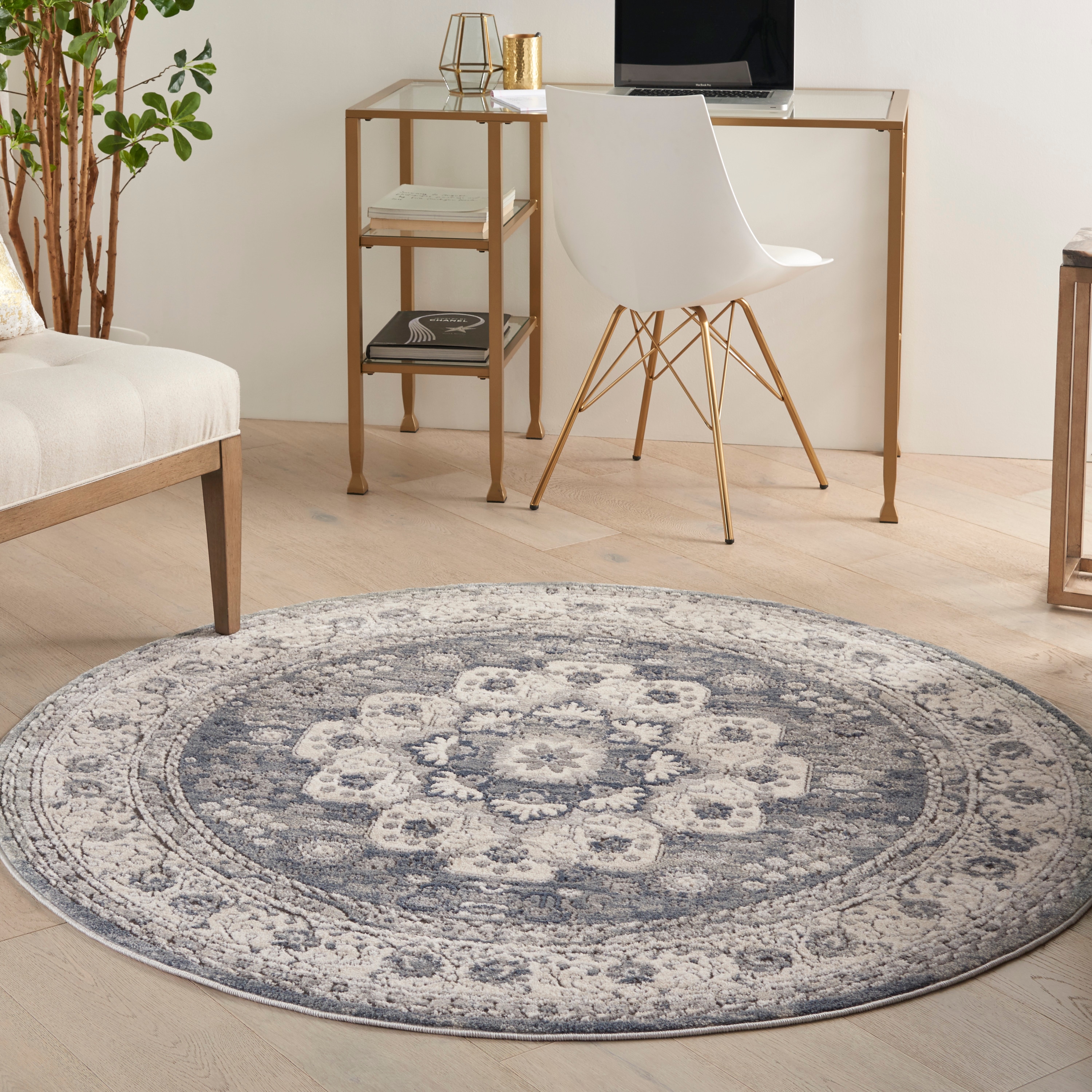 Nourison 099446808950 Concerto 5 x 5 (ft) Loomed Polypropylene Grey/Ivory Round Indoor Floral/Botanical Area rug