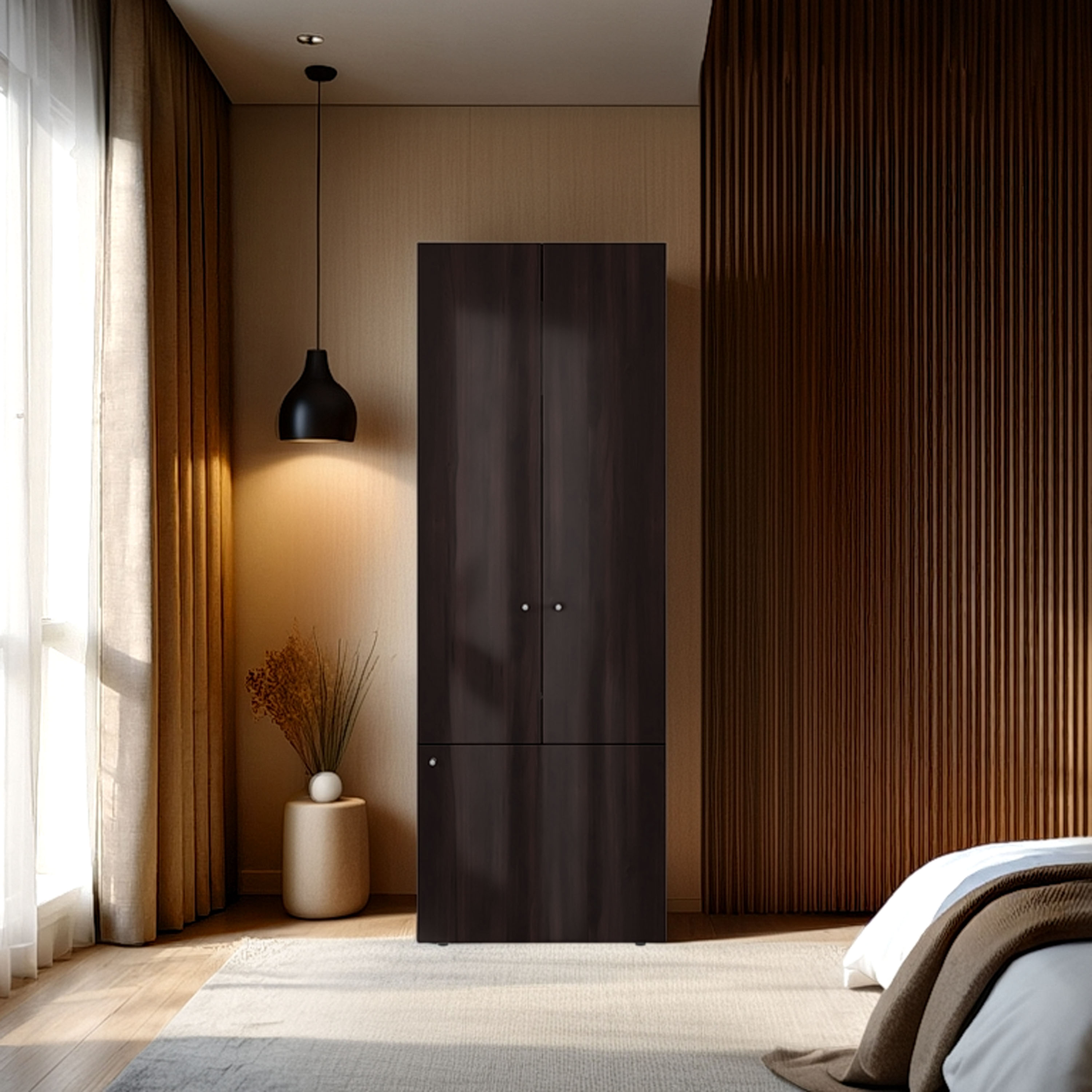 LOVMOR - Armoire 3 Doors 3 Shelves Walnut / Black Wengue