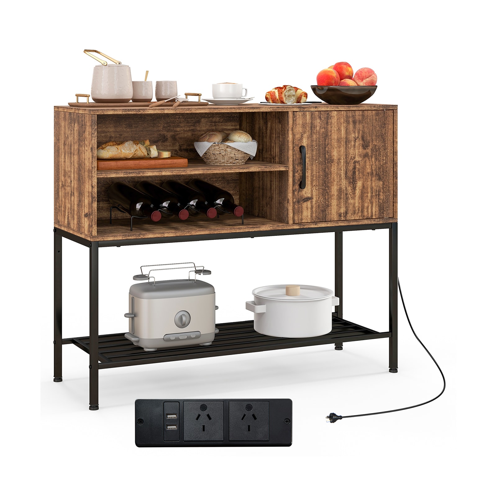 Slickblue Industrial Sideboard Buffet Cabinet with USB Outlets and Wine Rack for Kitchen or Dining Room-MDF Engineered Wood Metal- Rustic Brown/ Gray