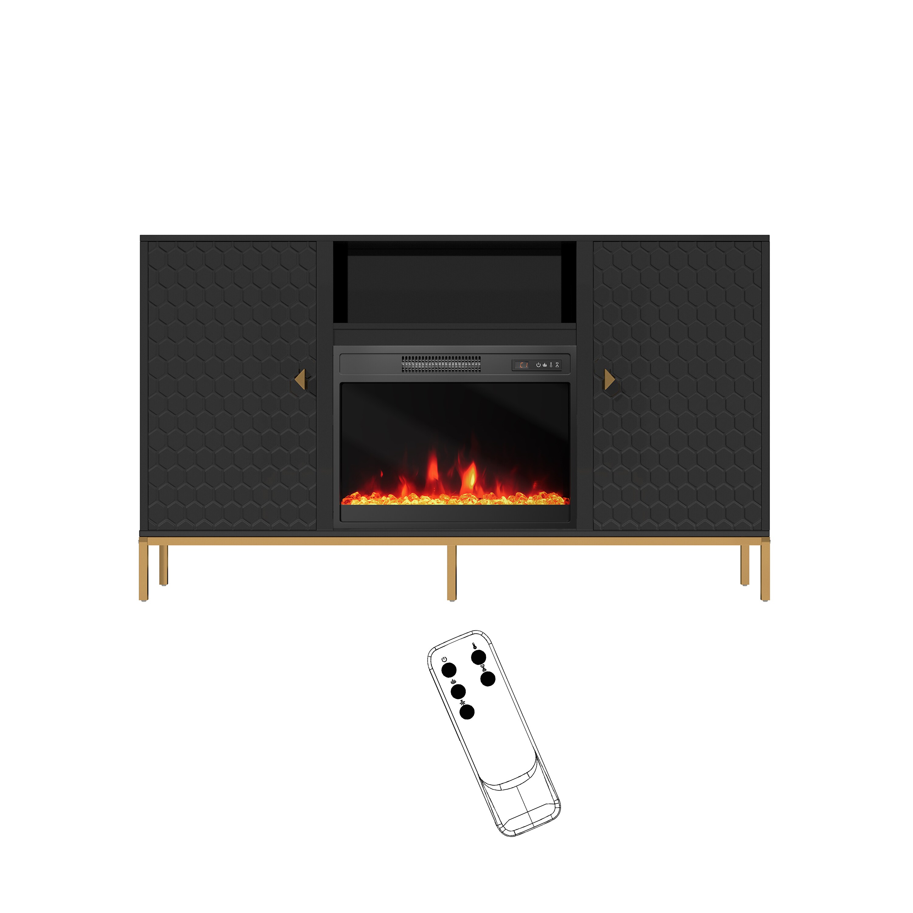 Mondawe MOJHGM223BK 59.53-in W Black TV Stand with Fan-forced Flat wall Electric Fireplace with Remote Control Included