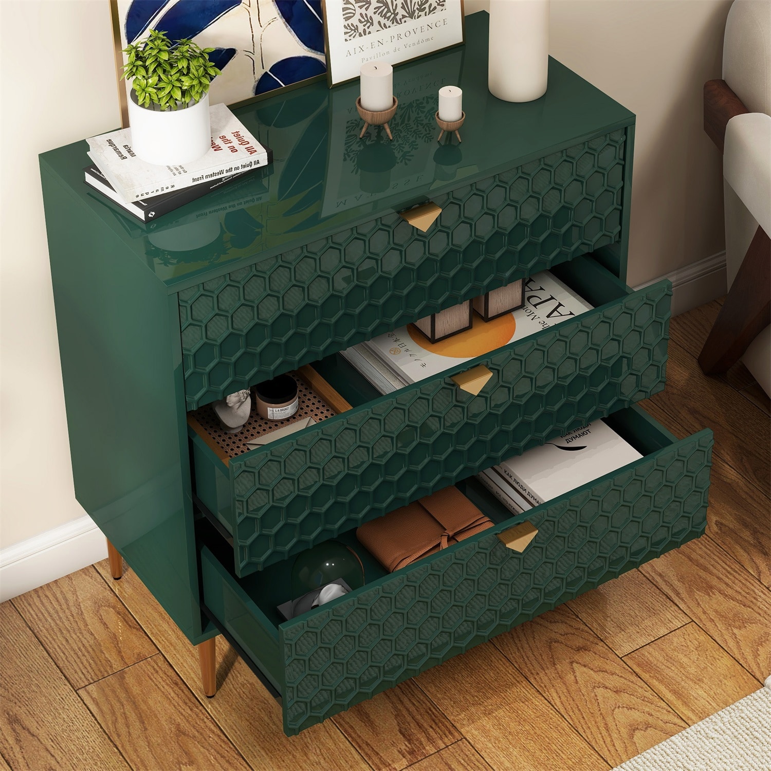 Green Honeycomb Pattern 3-Drawer Freestanding Office Cabinet