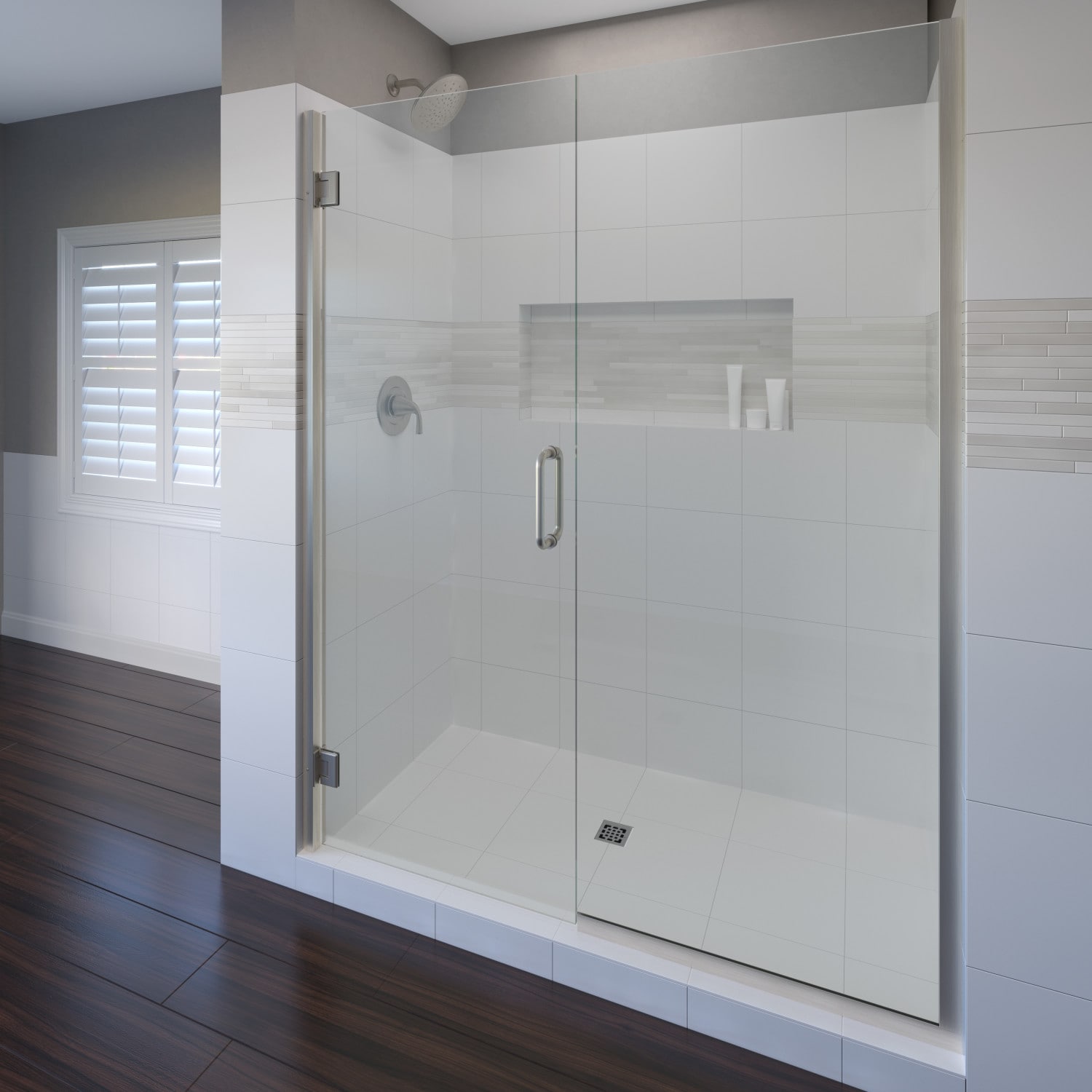 Basco COPA35A4872XPBN Coppia Brushed Nickel 47-1/16-in to 48-9/16-in W x 72.0-Inches H Frameless Hinged Soft Close Shower door 3/8-in Thick Clear Glass