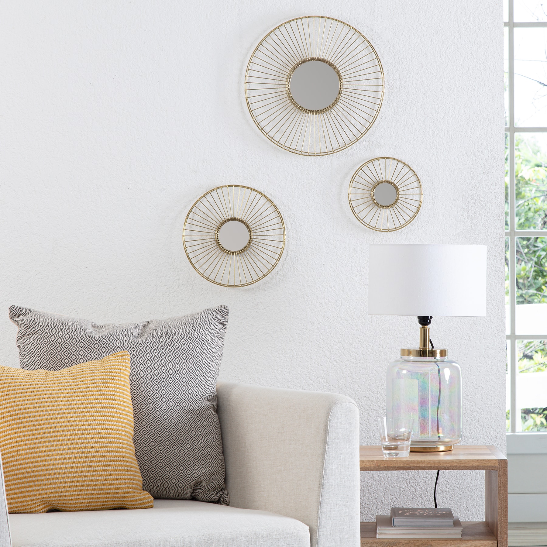 Ariston Gold Sunburst Frameless Round Wall Mirrors Set of 3