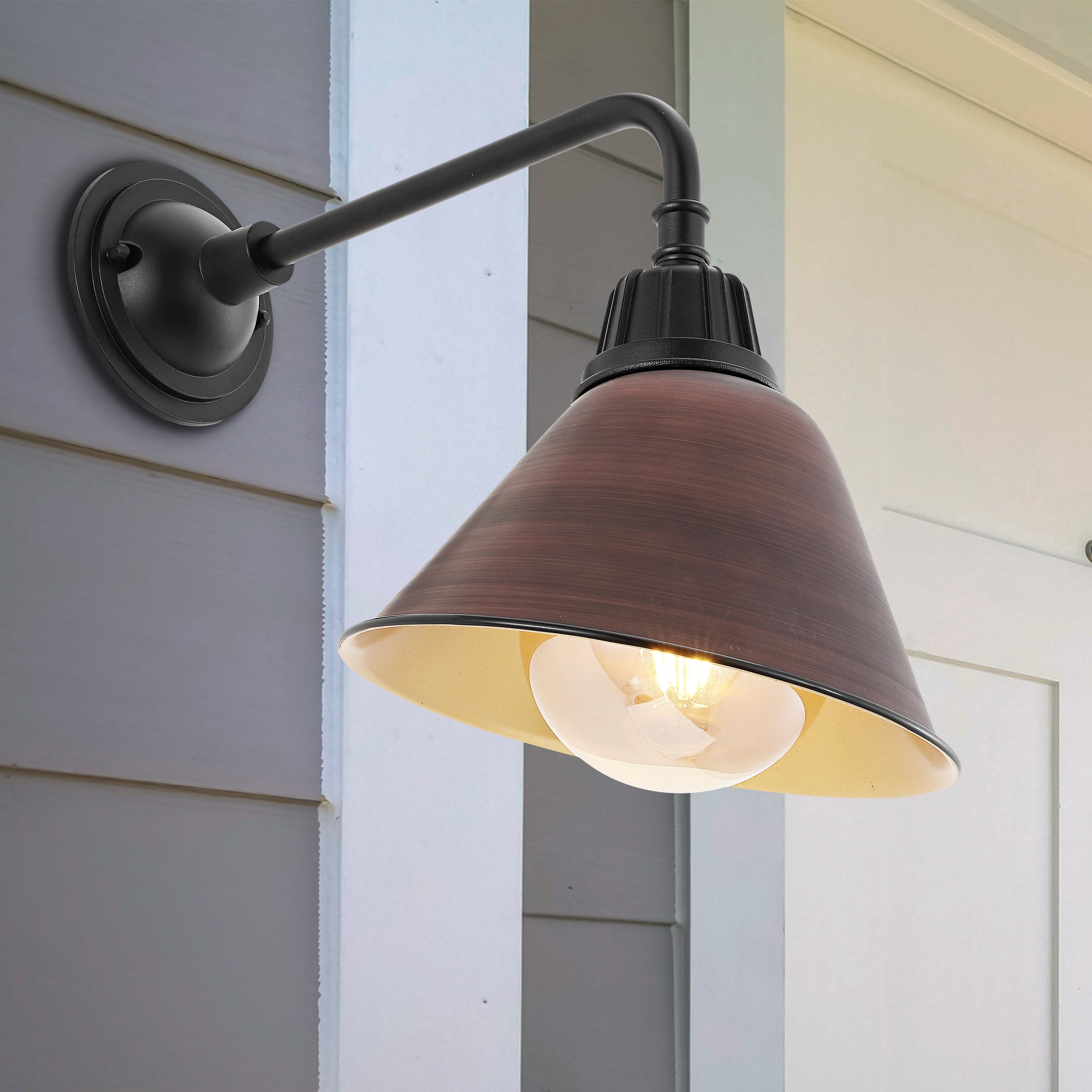 JONATHAN  Y JYL7612G Croydon Farmhouse Industrial Iron Gooseneck Arm 1 -Light 15-in H Polished Brown Hardwired Outdoor Wall Light