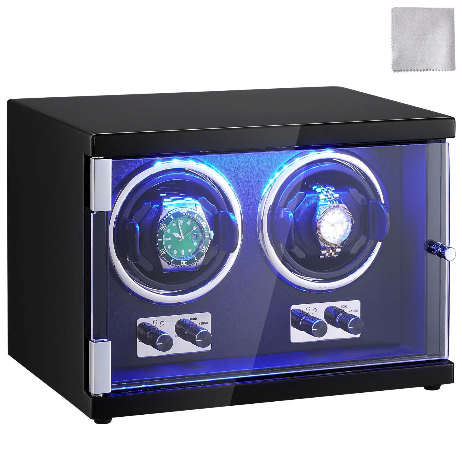 VEVOR Watch Winder Dual Watch Winder for Automatic Watch with 2 Super Quiet Japanese Mabuchi Motors Blue LED Light and Adapter High-Density Board Shell and Black PU #SCSBZDSLH2Z002641V1