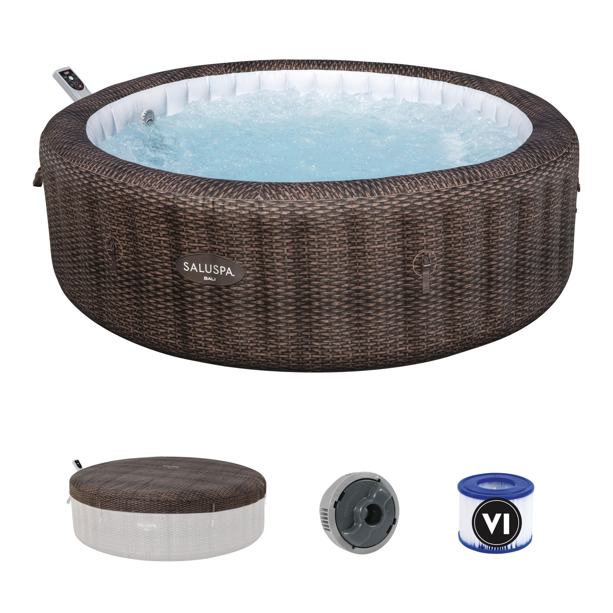 Life Story 407728 SaluSpa Bali Smart AirJet Inflatable Hot Tub Round Portable 5-7 Person Spa with 180 AirJets App Control and EnergySense Cover Brown Rattan