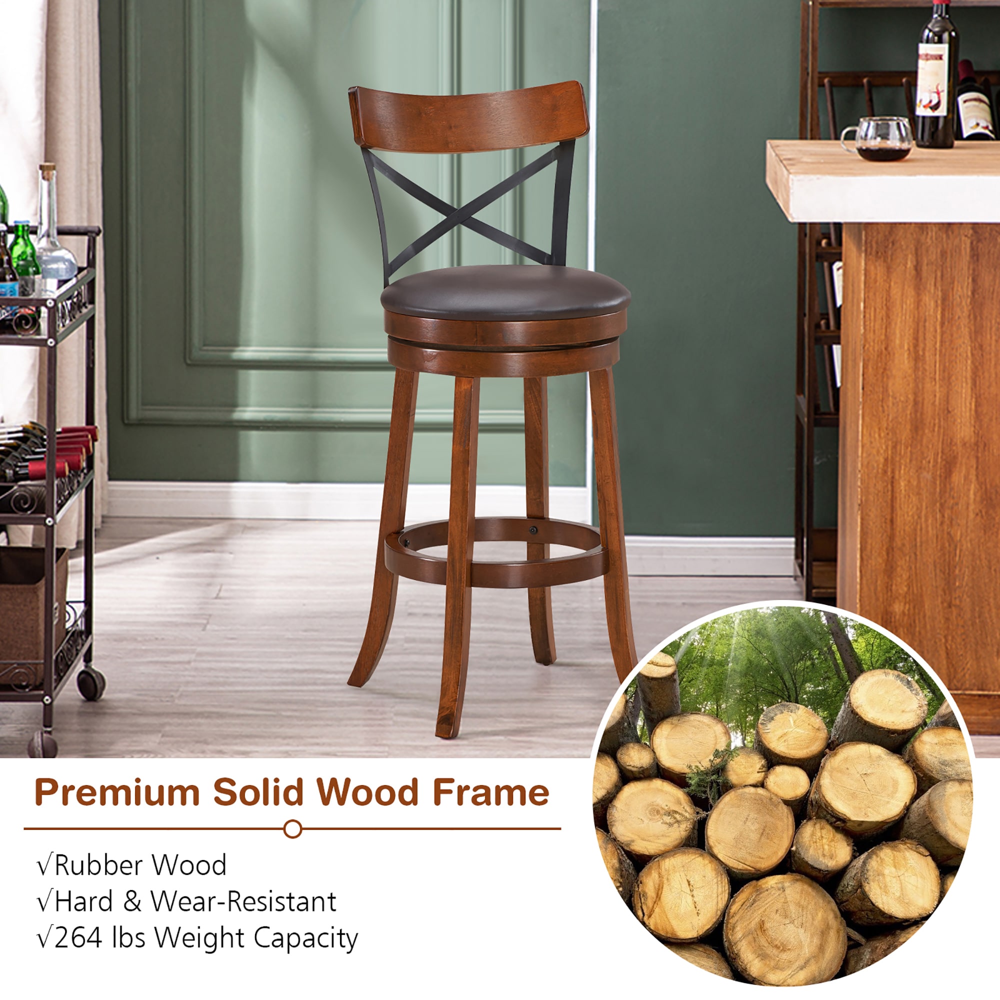Set of 2 Walnut and Black Swivel Bar Stools with Rubberwood Legs