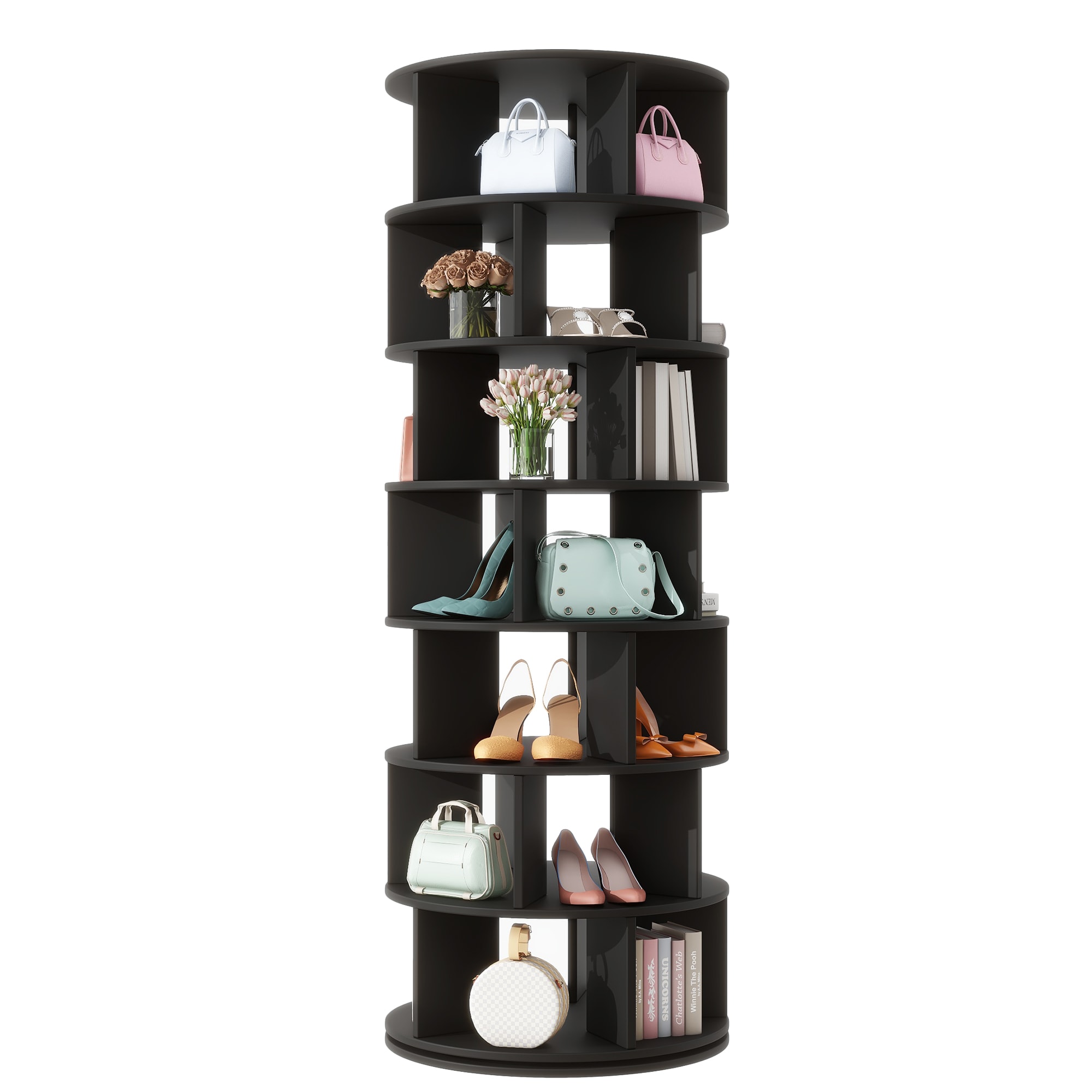 ModernLuxe N721P180790B Rotating Shoe Rack Tower7Tier Spinning Shoe Shelf with 5 Grids Per LayerDisplay Rack360° Revolving Shoe Carousel Closet Organizer for EntrywayLiving RoomBlack