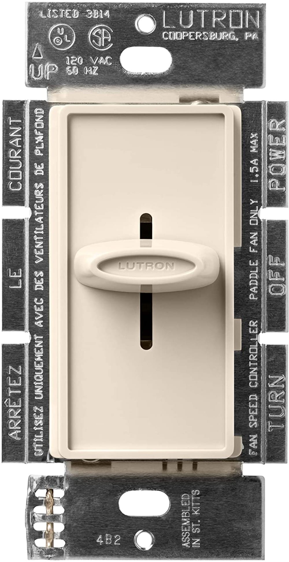 Lutron SFSQ-F-LA Skylark Fan Control 1.5 -Amp 3-speed Slide Fan Control Light Almond