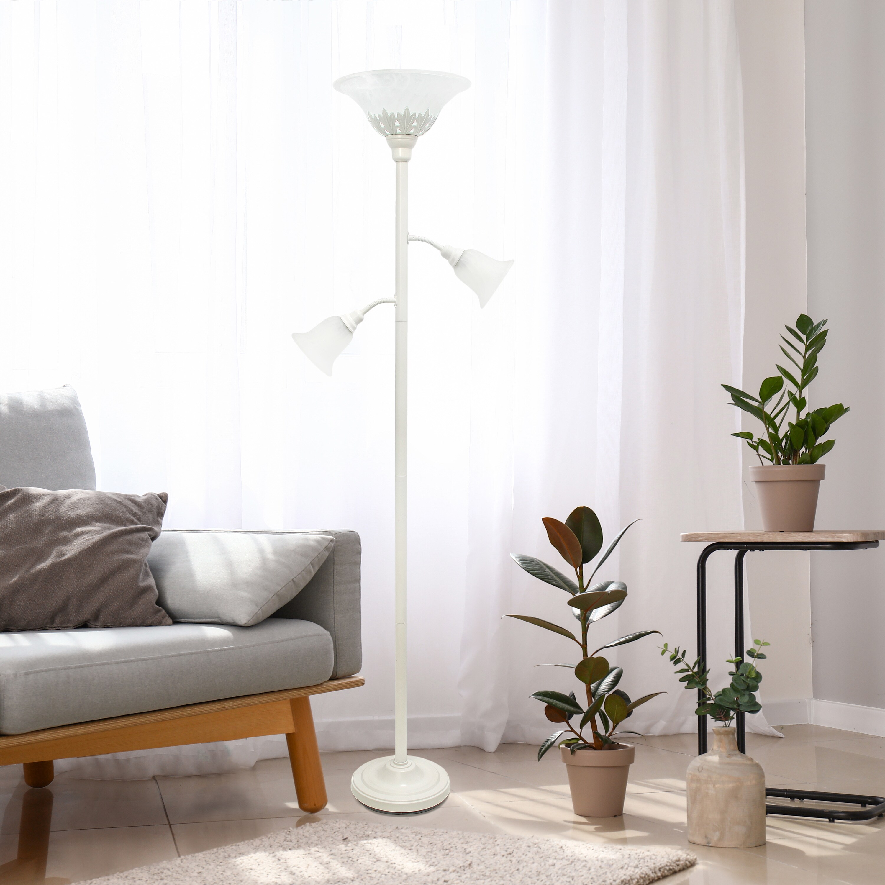 Elegant White Torchiere Floor Lamp with Adjustable Reading Lights