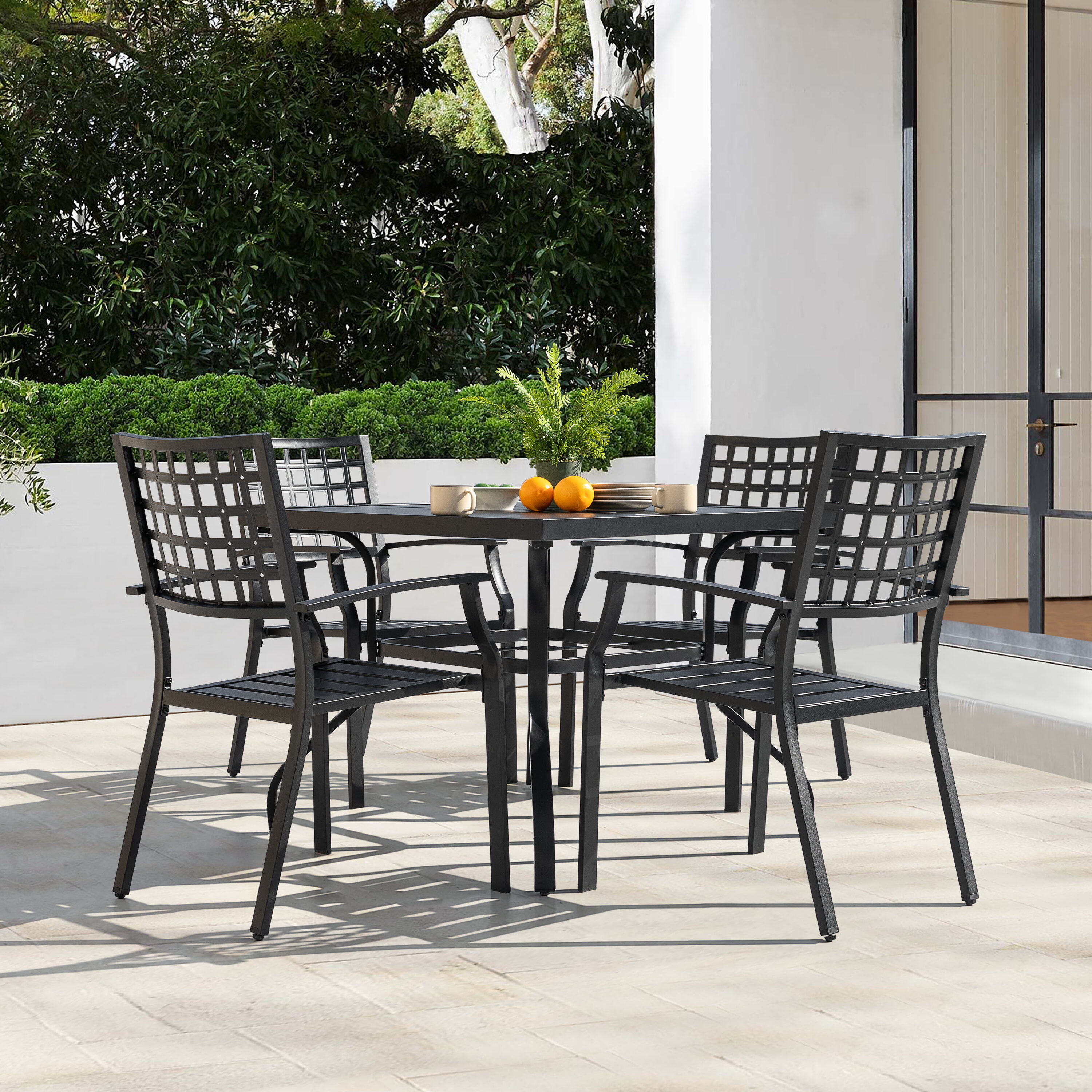 Black Iron 5-Piece Square Outdoor Dining Set with Umbrella Hole