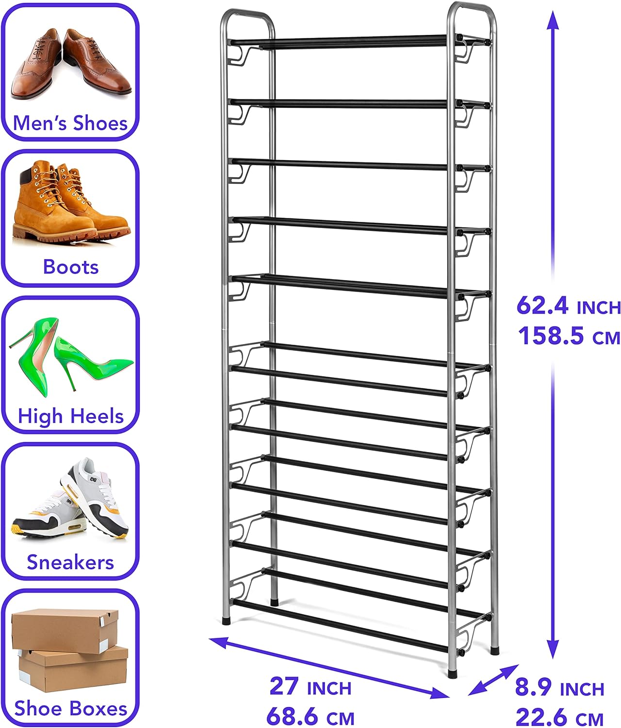 USTECH 4-Tier Slide-n-Adjust Multi-Position Metal Non-Slip Shoe Rack