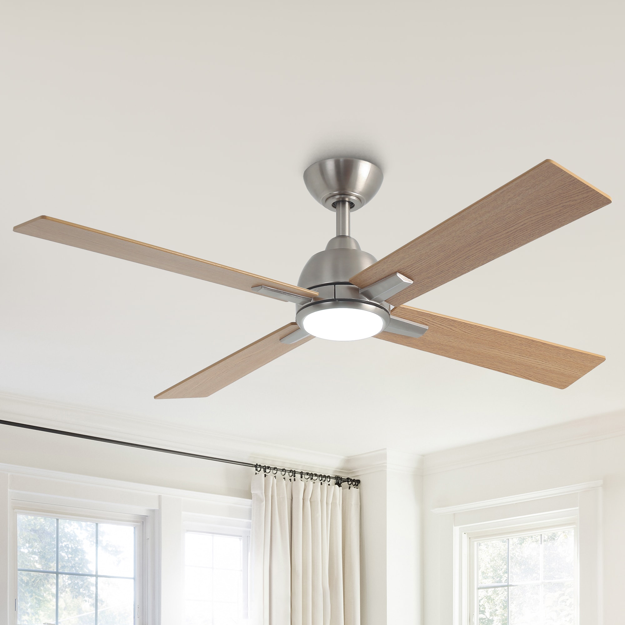 Parrot Uncle F6363SN110V 48-in Color-Changing Integrated LED Satin Nickel with White Blades Ceiling Fan With Light - Remote Included ( 4 -Blade )