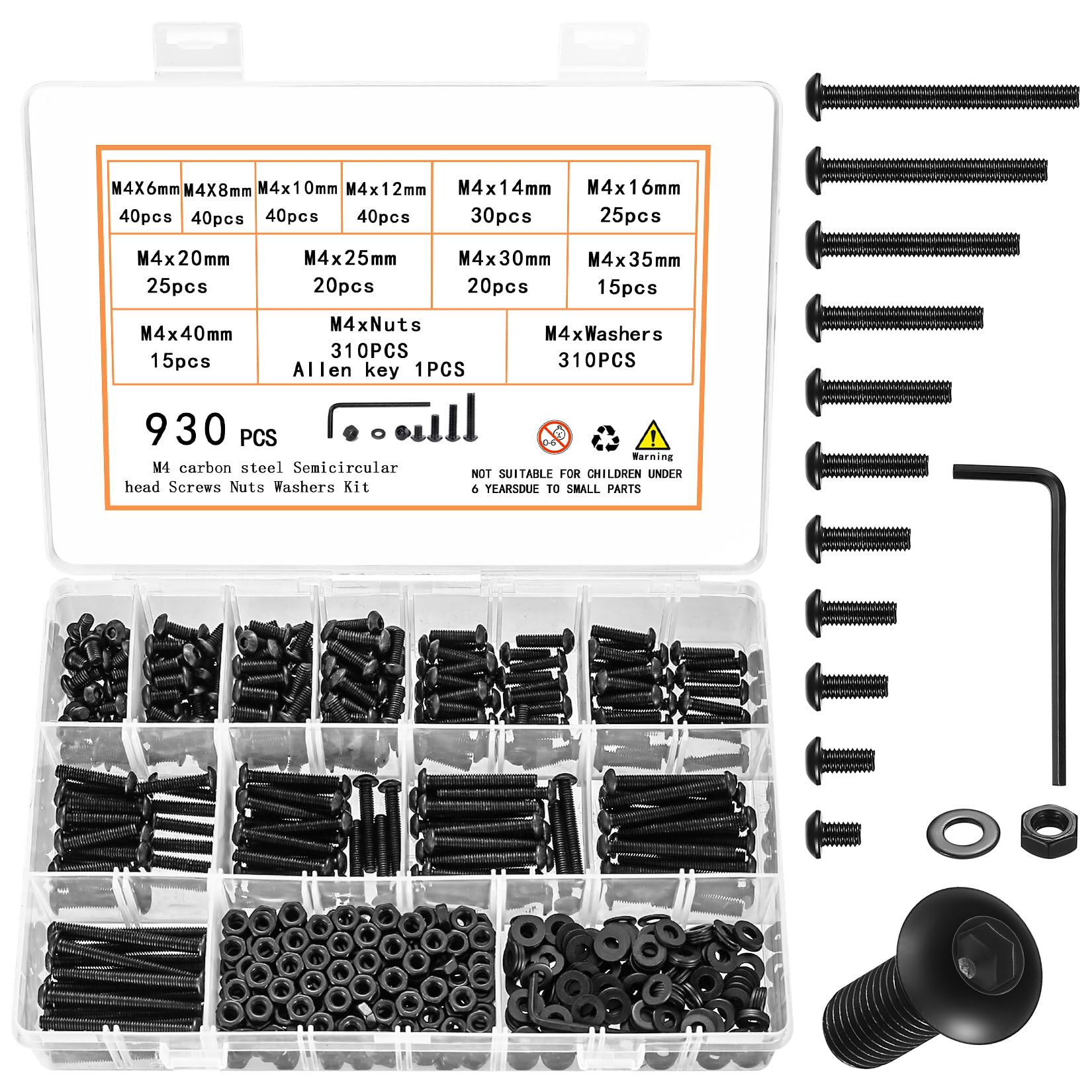Ahfiwaso  M4 Screw Assortment 930 Pieces Hex Socket Button Head Cap Screws Nuts and Washers Metric Machine Screw Kit Black Round Head Assorted