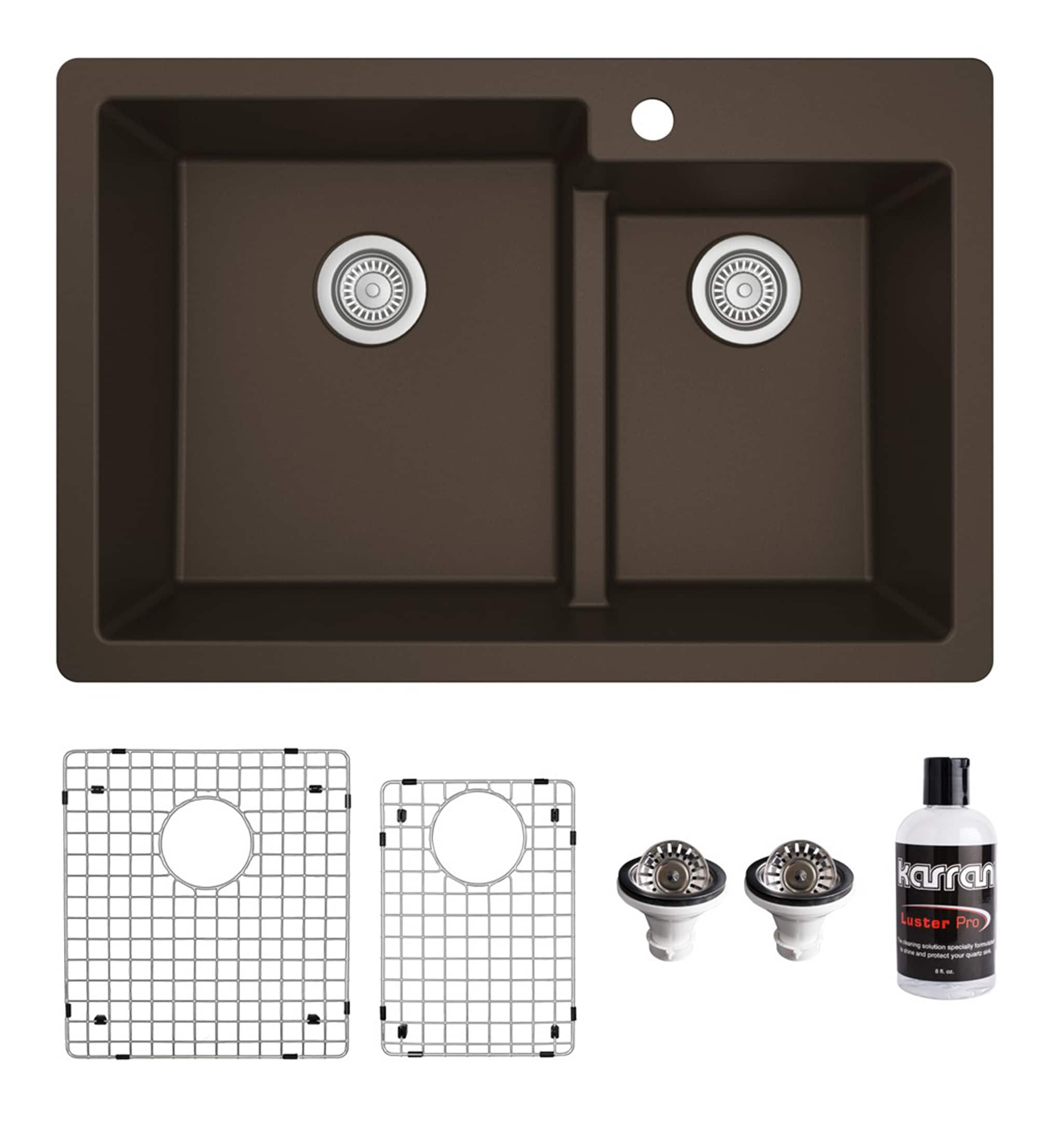 Karran QT-811-BR-PK1 Drop-in 33-in x 22-in Quartz Double offset bowl 1-Hole Kitchen Sink