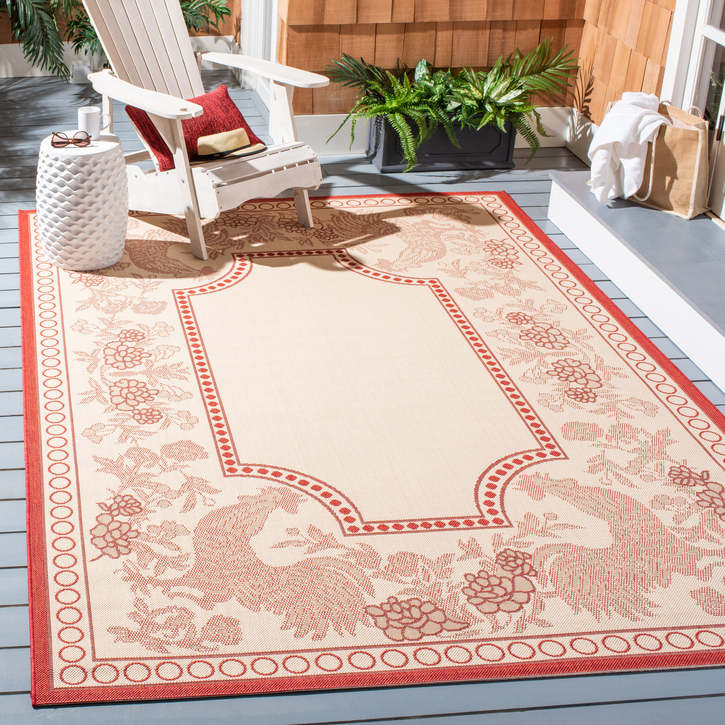 Safavieh CY3305-3701-5 Courtyard Praia 5 x 8 (ft) Loomed Polypropylene Natural/Red Rectangular Indoor/Outdoor Floral/Botanical Coastal Area rug