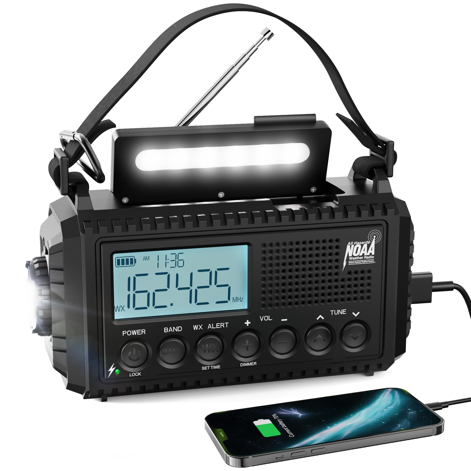 Vrbgify  Solar Hand Crank Emergency Radio with NOAA Weather Alerts Large LCD Display Six Charging Methods Flashlight and SOS Alarm Portable Radio