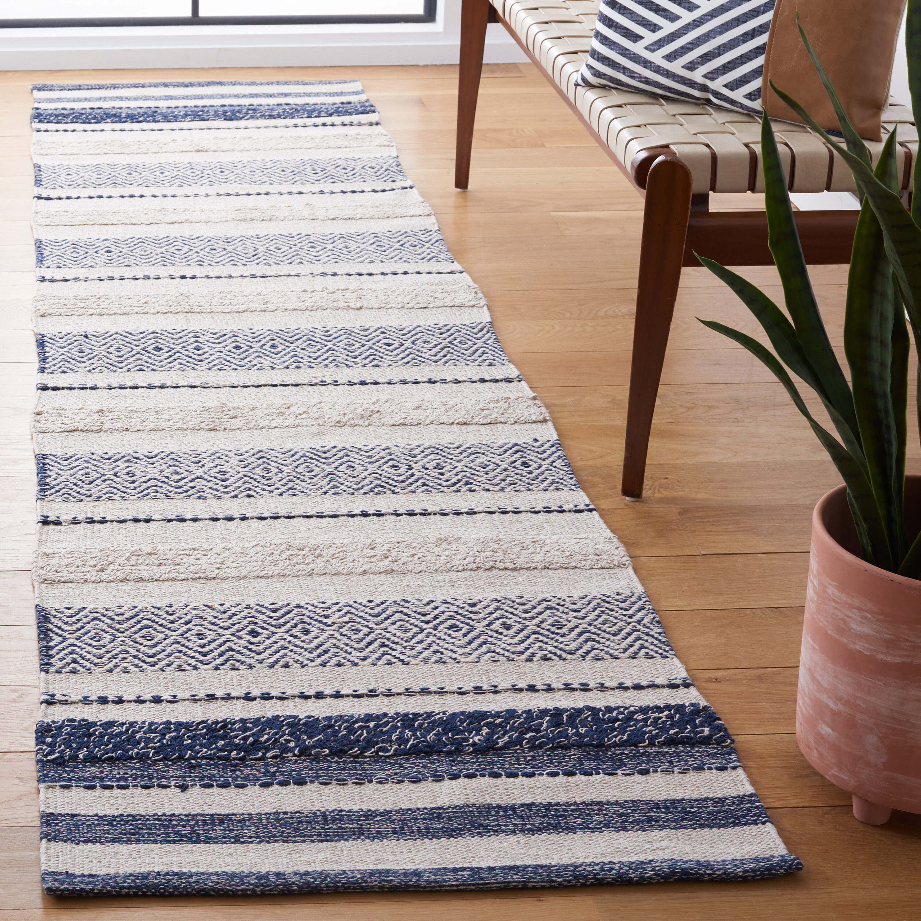  Striped Kilim 502 Ivory/Navy Contemporary 2ft-3in x 9ft Runner Rug