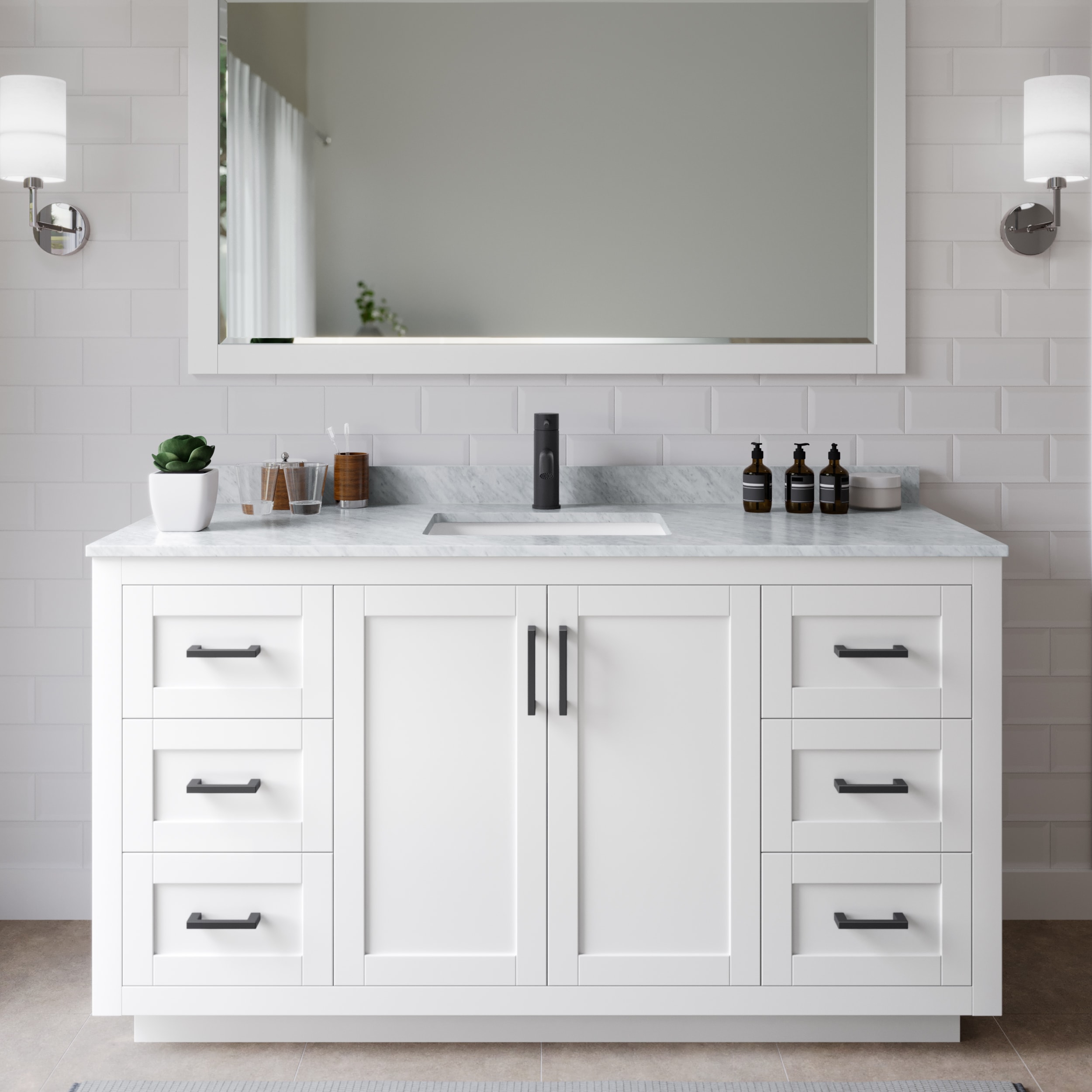 Wyndham Collection WCF292960SWBCMUNSMXX Miranda 60-in White with Matte Black Trim Undermount Single sink Bathroom Vanity with White Carrara Marble Marble Top