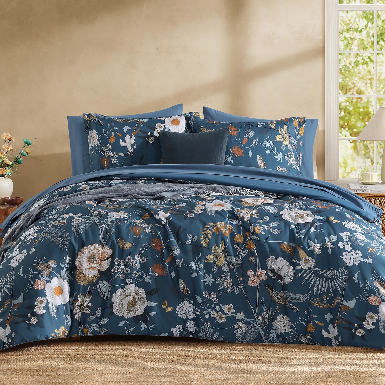 OMOMMD Blue Butterfly floral King Queen Comforter Set 7 Pieces Bed In A Bag Seersucker Floral Farmhouse All Season Soft Bedding Set #5749848217786