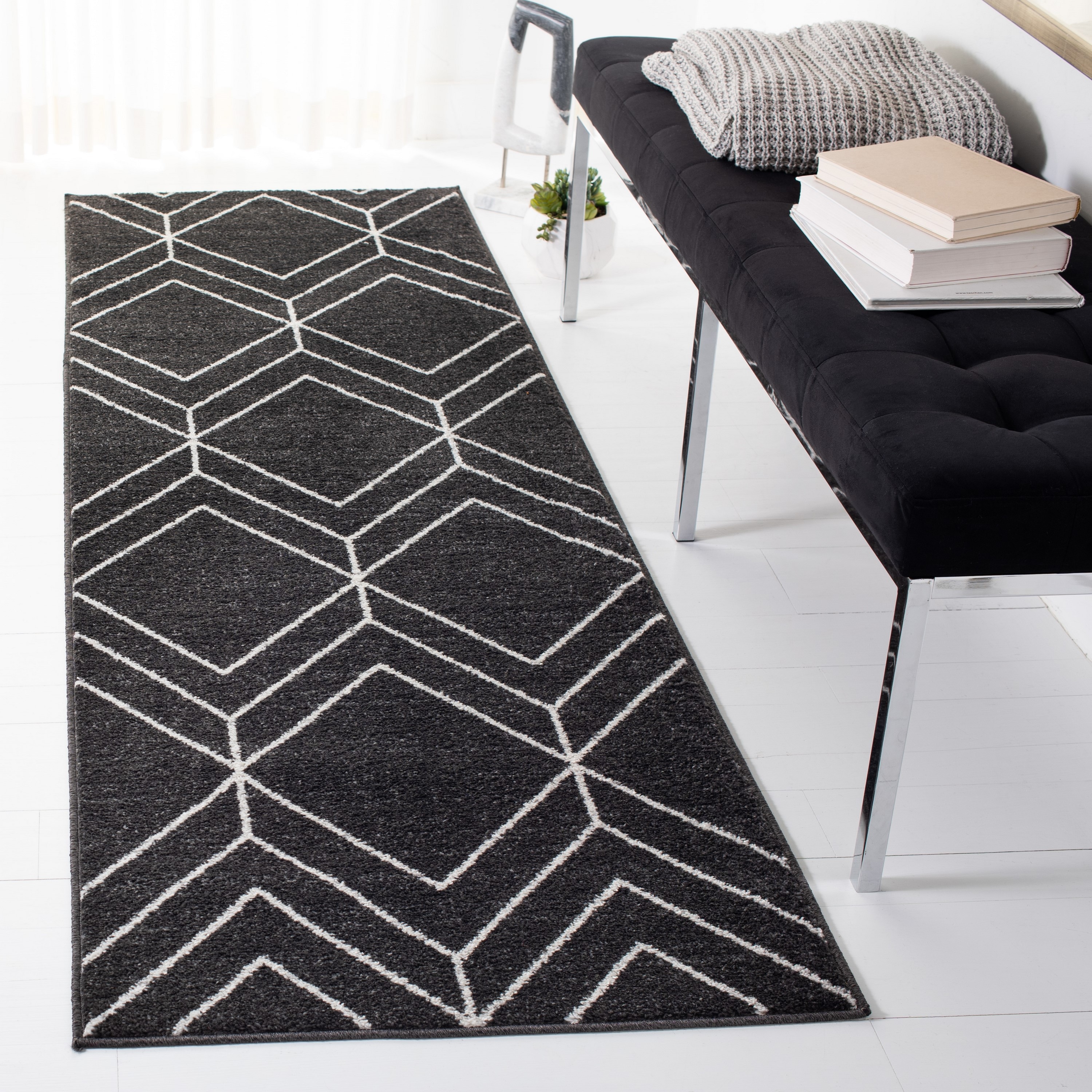 Brown and Ivory Geometric Hand-Knotted Runner Rug