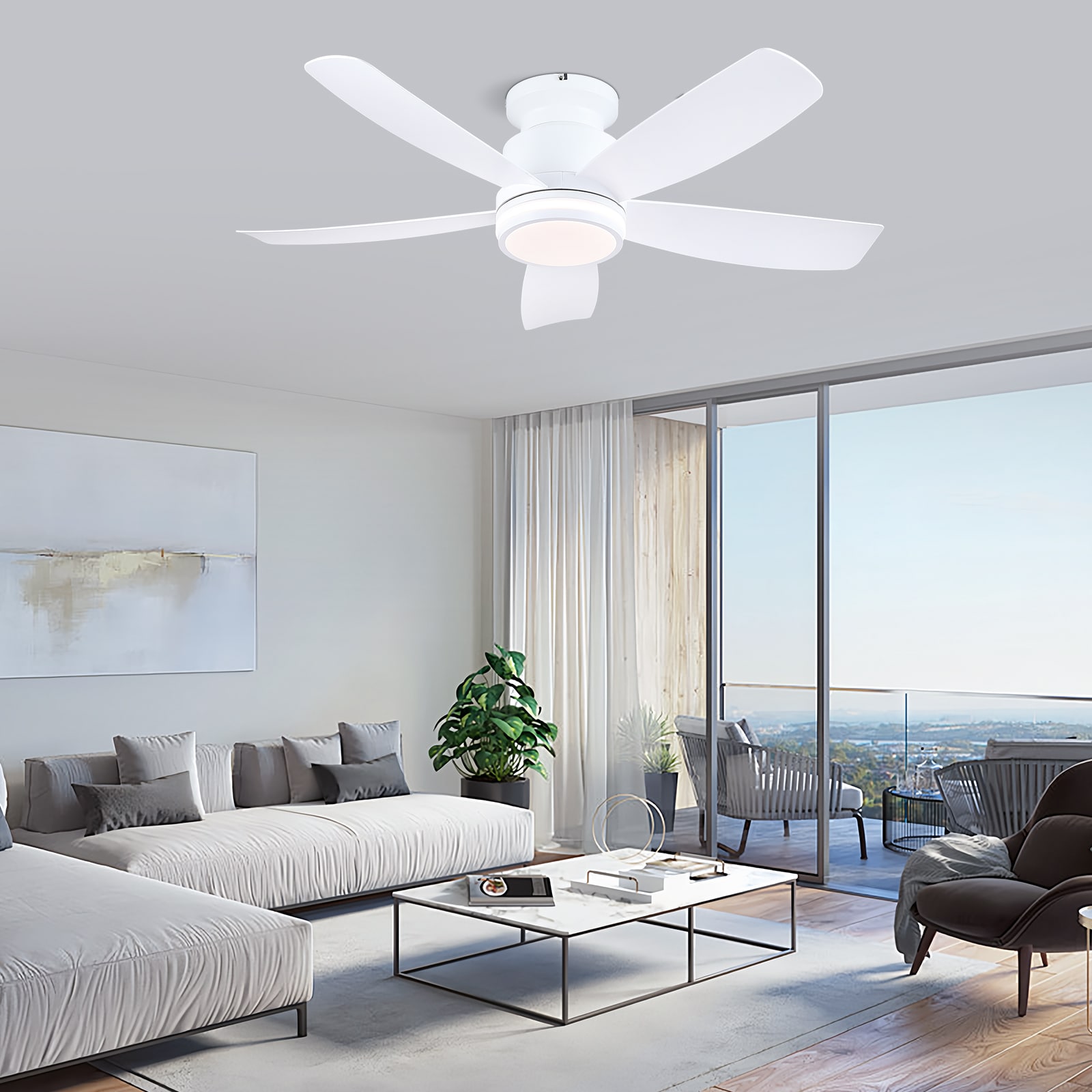 Kviflon  41 in White Ceiling Fan with Light Flush Mount DC Motor 6 Speed Dimmable LED 3 Color Temperature Reversible Remote APP Control for Bedroom Office Modern Home