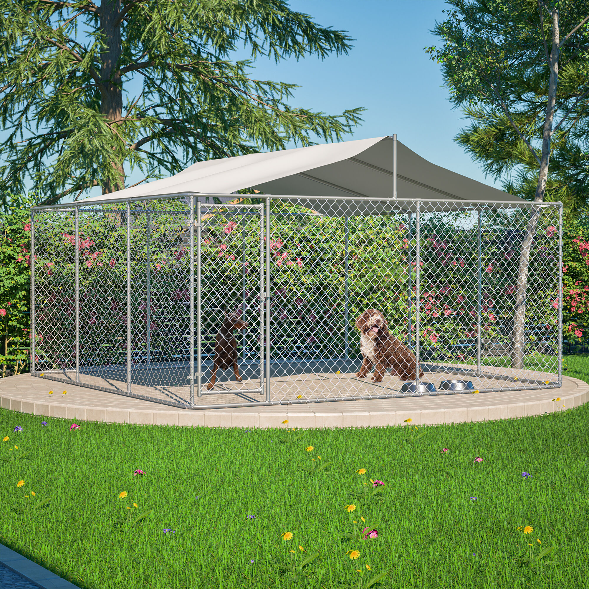 KTMBDW Heavy Duty Outdoor Dog Kennel (14.8x14.8x7.6 ft) Large Metal Dog Enclosure with Weather-Resistant Cover and Secure Lock