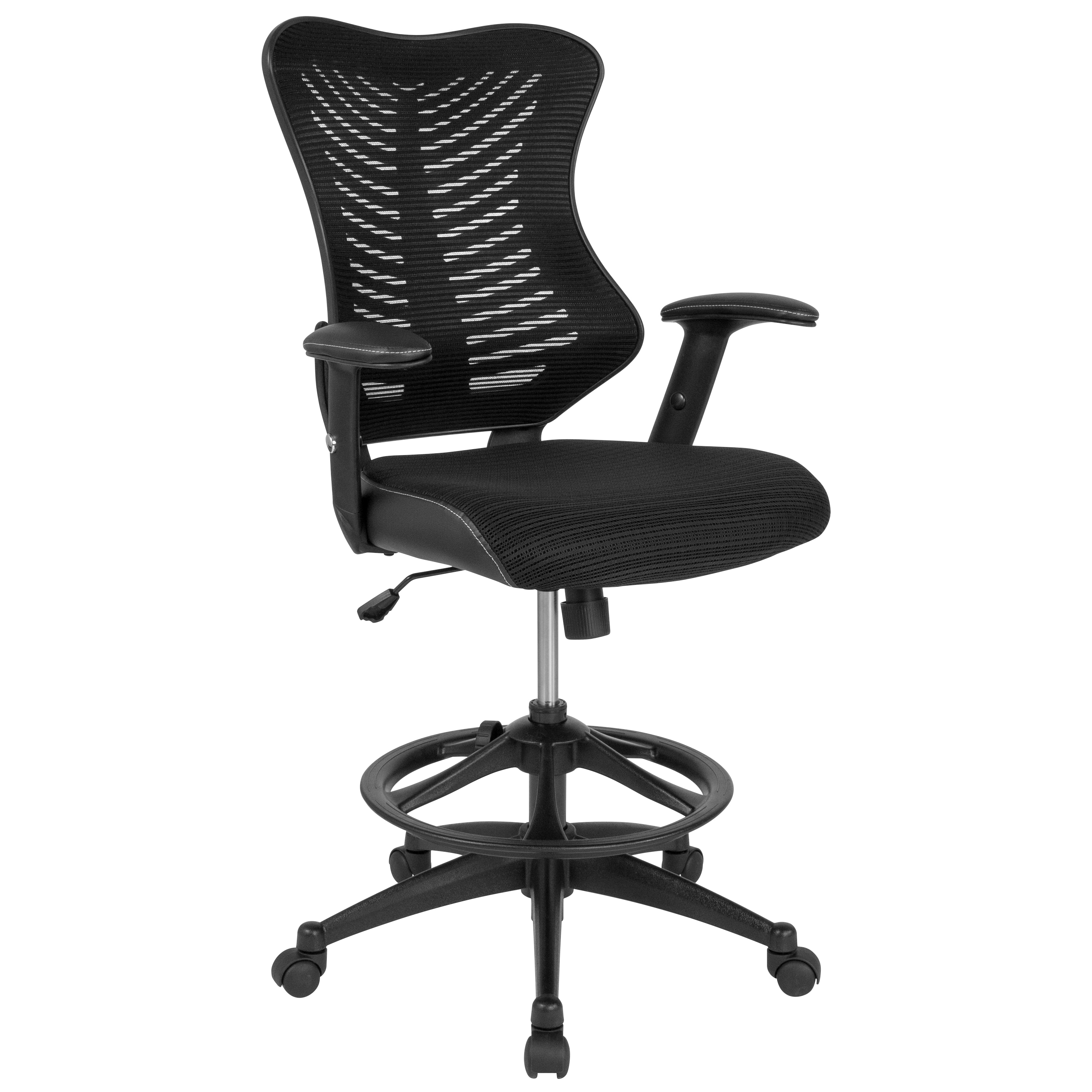 Emma + Oliver High Back Designer Black Mesh/LeatherSoft Sides Drafting Chair - Arms