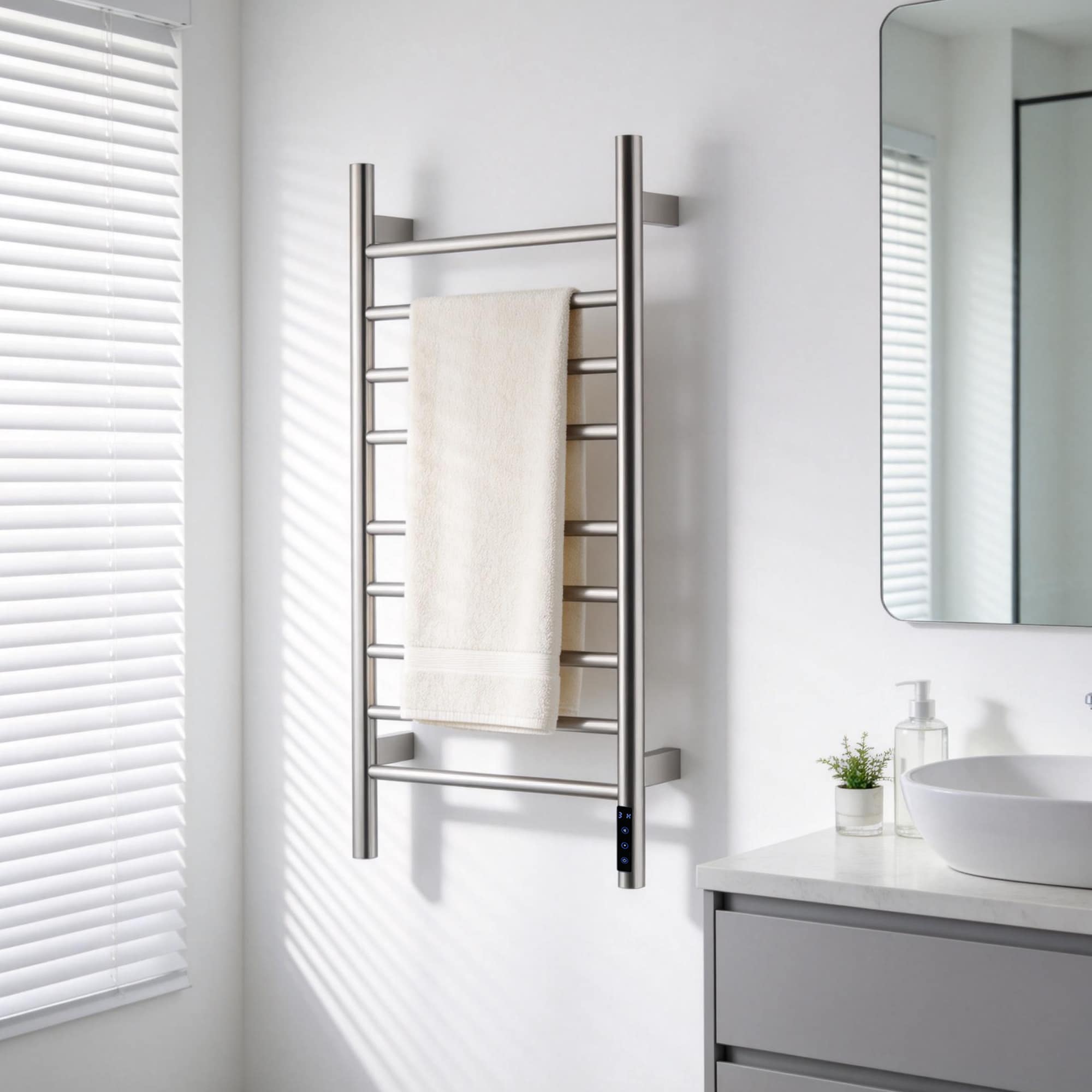 Miuara  Towel Warmer Stainless Steel Heated Towel Racks for Bathroom 9 Bars Wall Mounted Towel Heater with Intelligent Touch Screen Timer Temperature Adjustment Plug-in/Hard-Wired Brushed Nickel