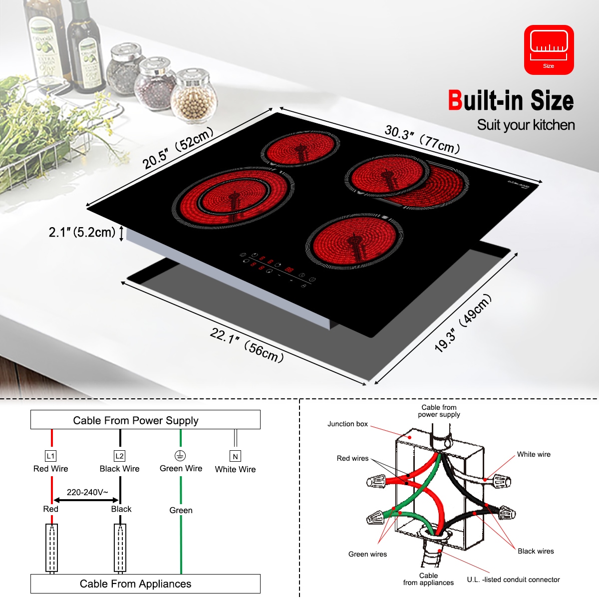 30 inch Induction Cooktop, thermomate Built-in Electric Stove Top, 240V Electric Smoothtop with 4 Boost Burner, 9 Heating Level, Timer, Kid Safety