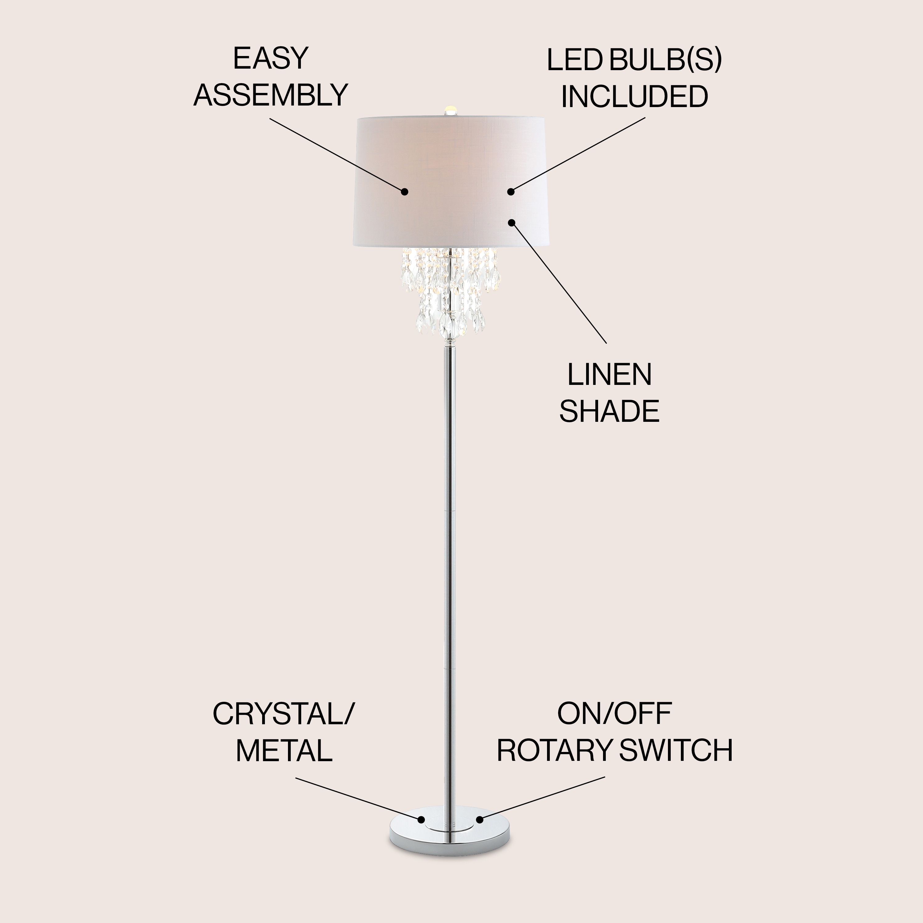 Elegant Arc 61" White Linen Shade & Crystal Floor Lamp