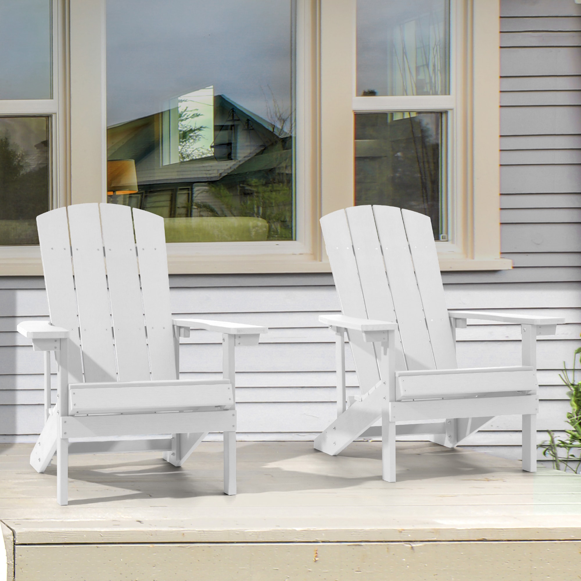 Sonkuki SD-AD-B4WT-2 Adirondack Chair Set of 2 White Plastic Frame Stationary Adirondack Chair with White Slat Seat