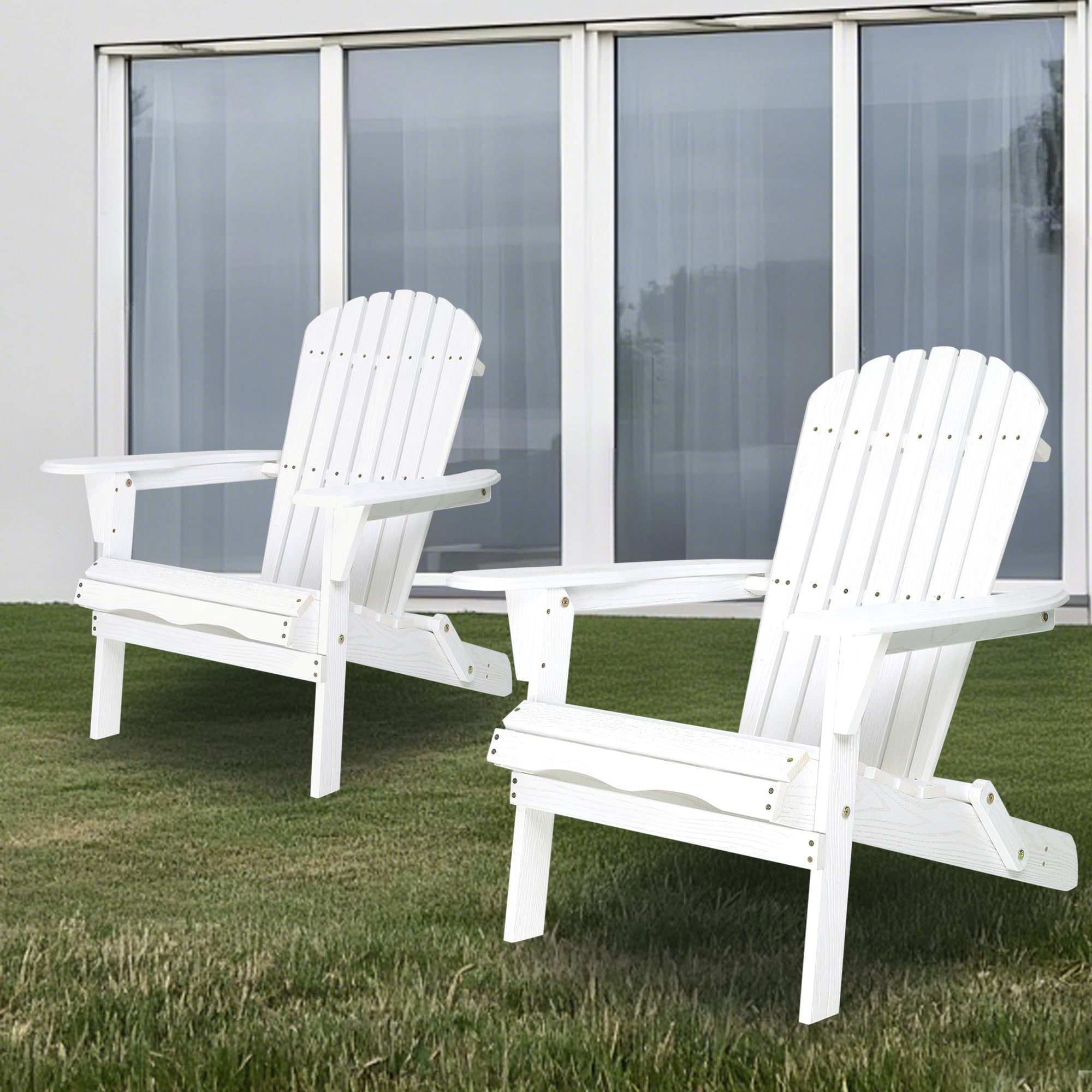Sunrinx MG64-1-Q49HW Set of 2 White Wood Frame Stationary Adirondack Chair with Slat Seat