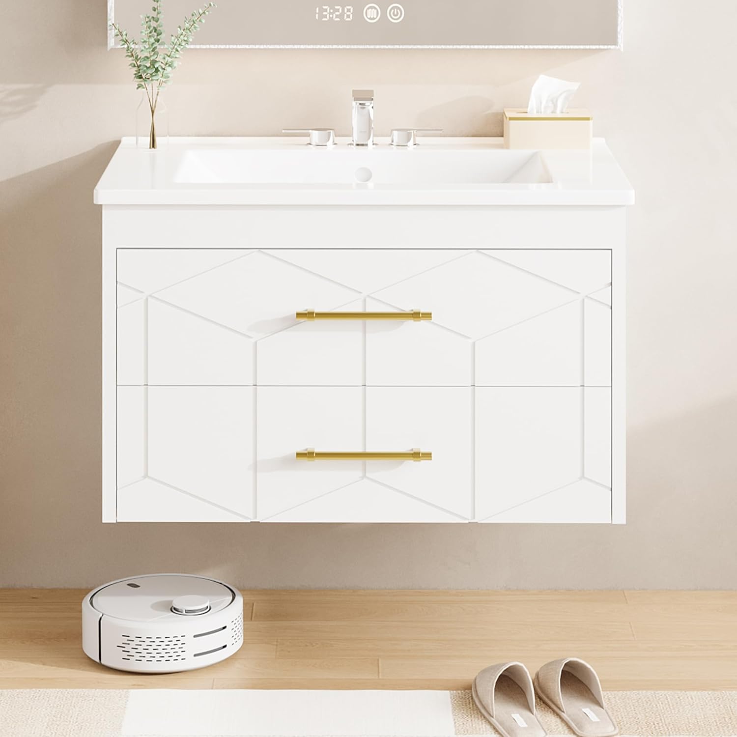 GAOMON 24in Floating Bathroom Vanity with Ceramic Sink Wall Mounted Bathroom Cabinet with 2 Soft-Close Storage Drawers and Gold Handles Modern Vanity Combo White