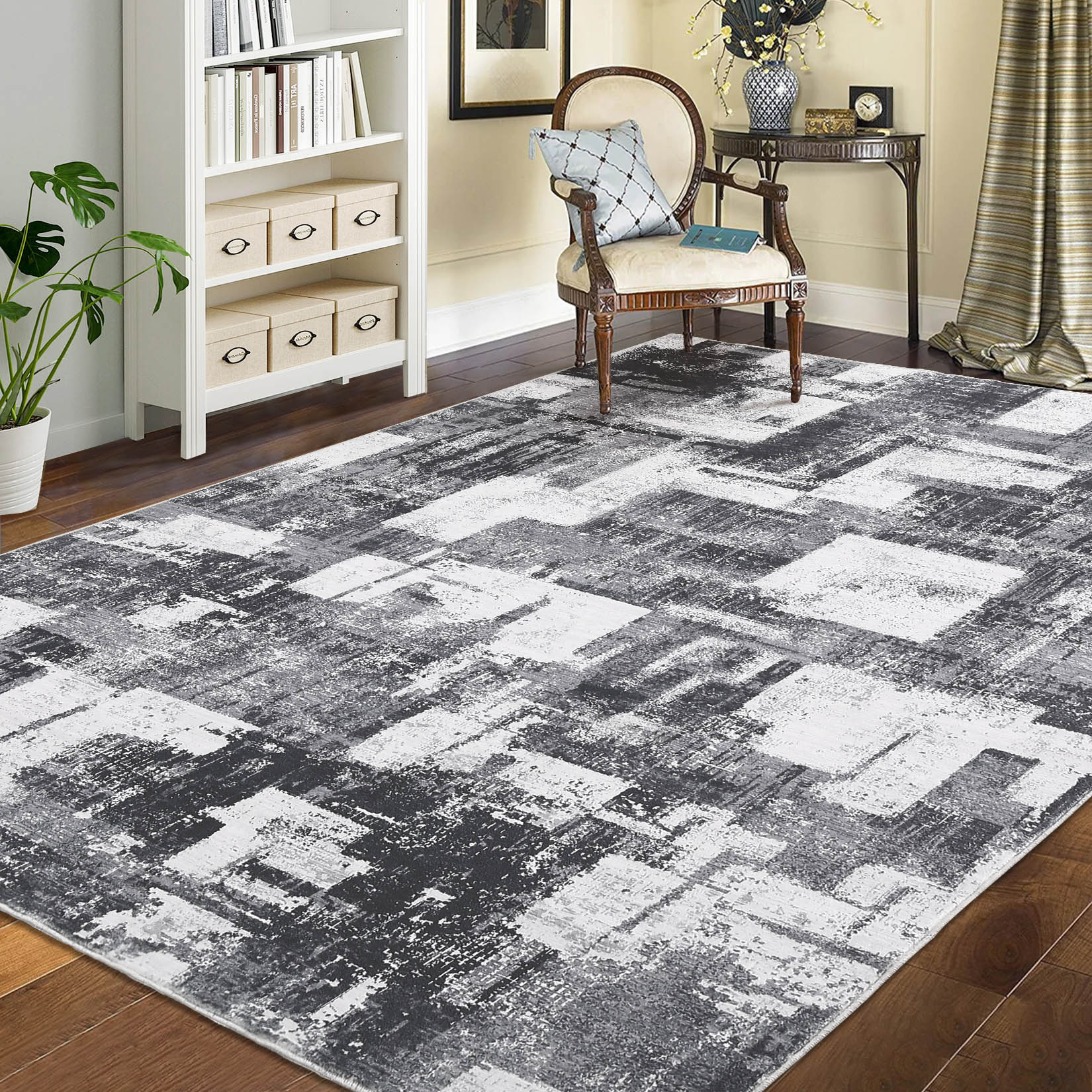 Garvee YXY-LO-PHO-158IQG78 5 x 7 (ft) Loomed Polyester Gray/Black Rectangular Indoor Abstract Mid-Century Modern Machine washable Area rug