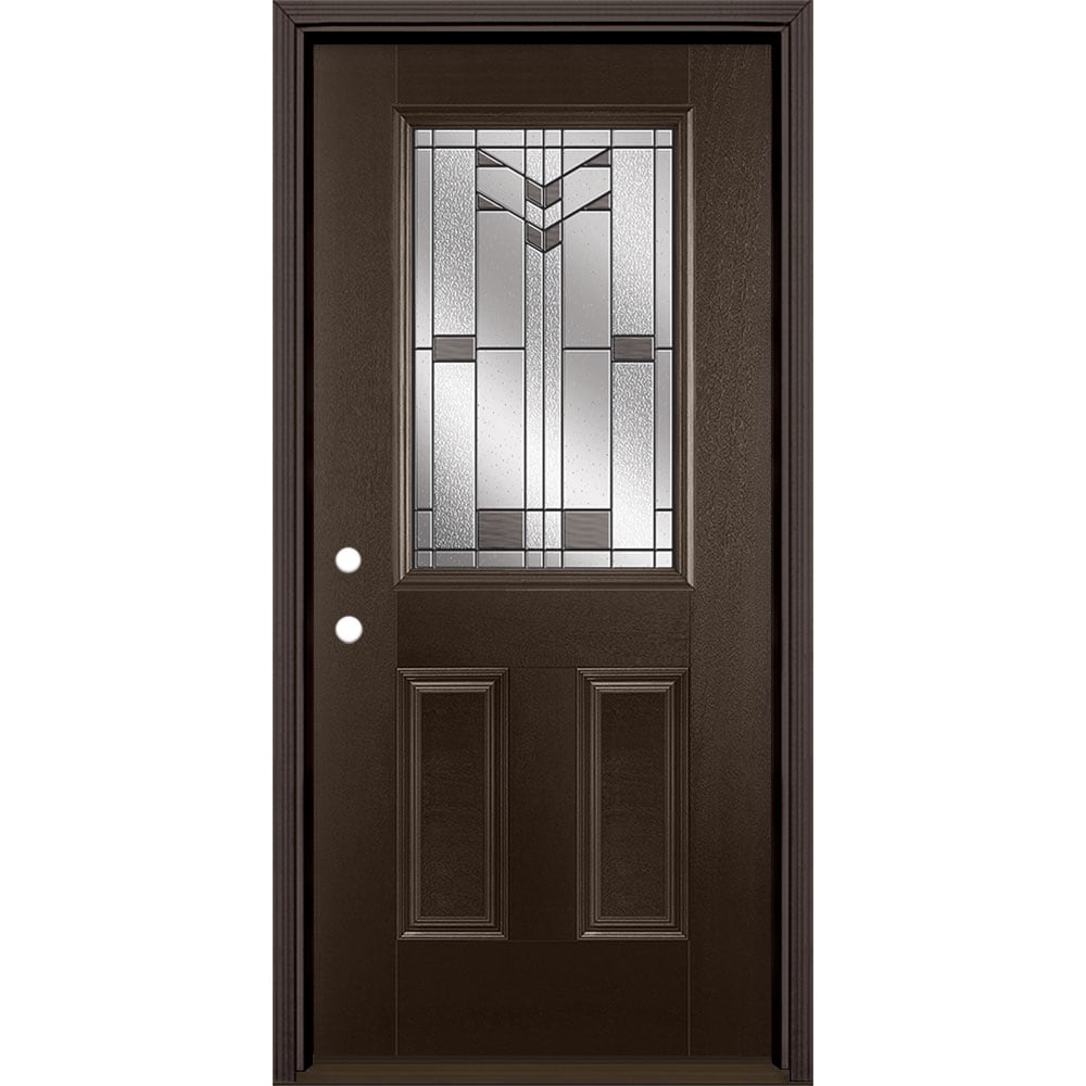 Masonite 3420254 Frontier 36-in x 80-in x 4-9/16-in Fiberglass Half lite Right-hand inswing Walnut Stained Prehung Front Door with Brickmould Insulating core
