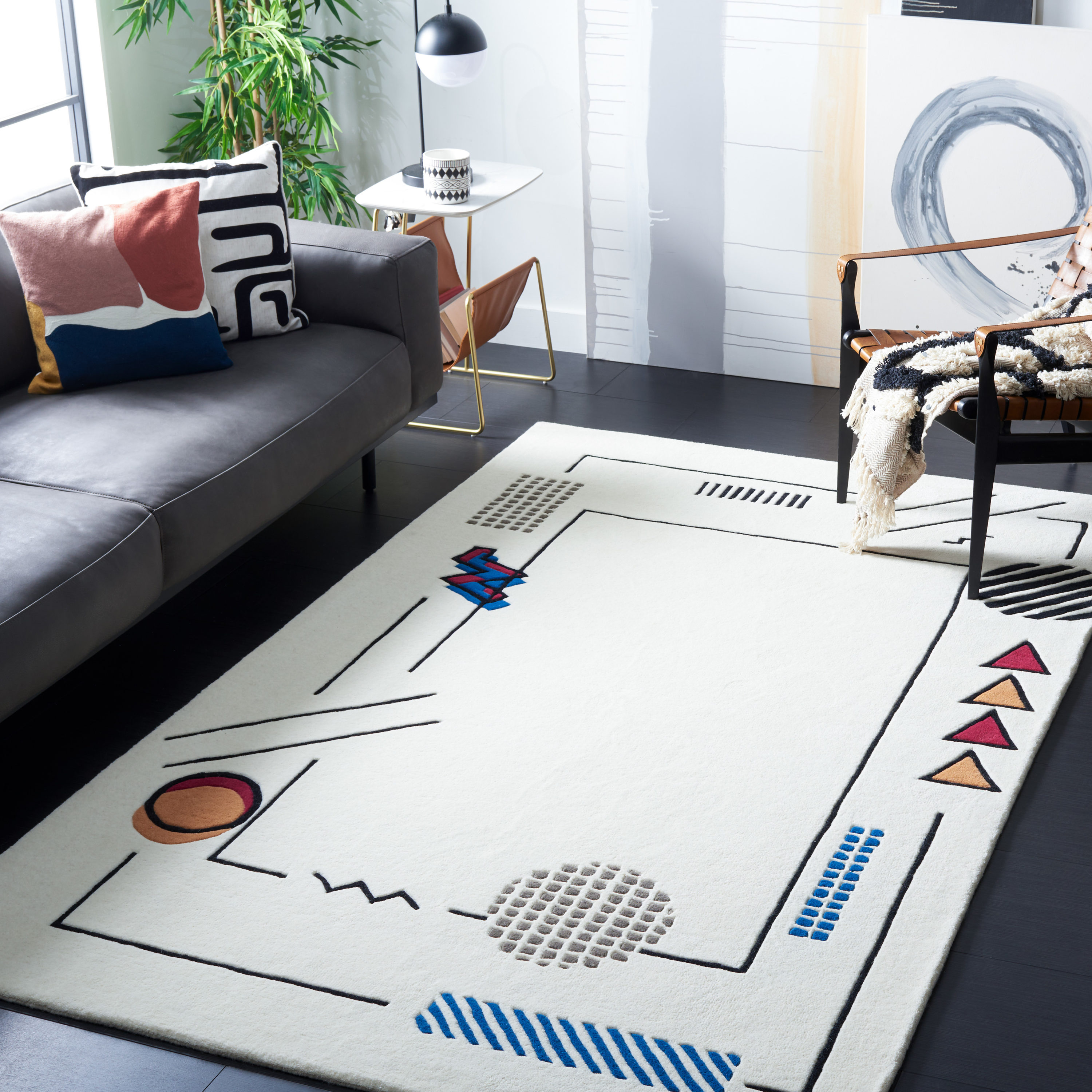 Ivory Abstract Tufted Square Wool & Silk Area Rug, 6' x 6'