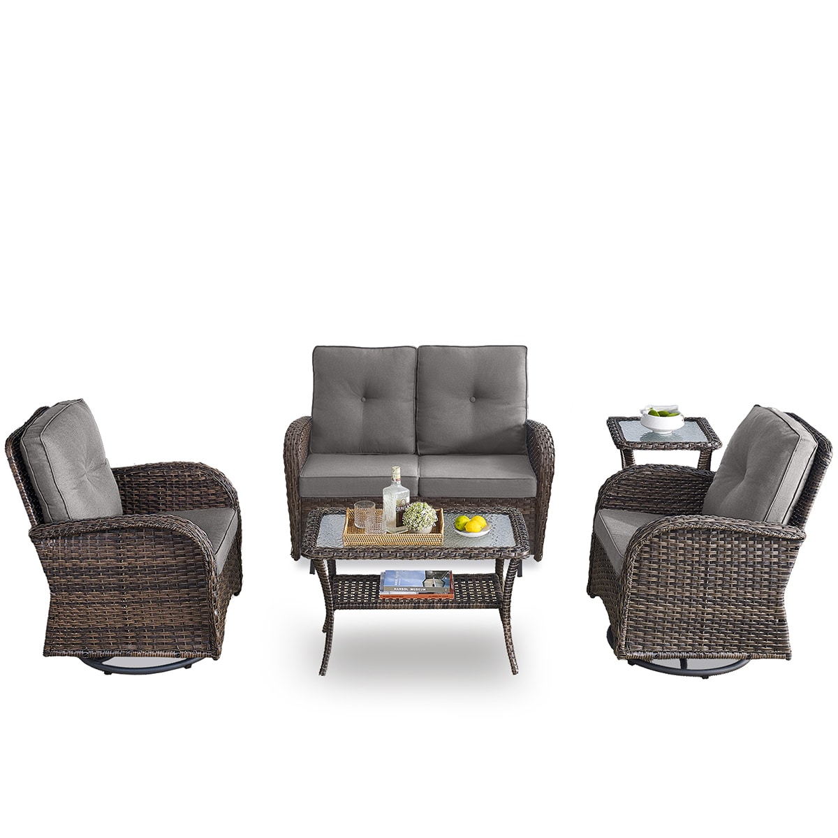 Rilyson FS088085-3 KEY WEST 5 -Piece Woven Patio Conversation Set with Gray Cushions