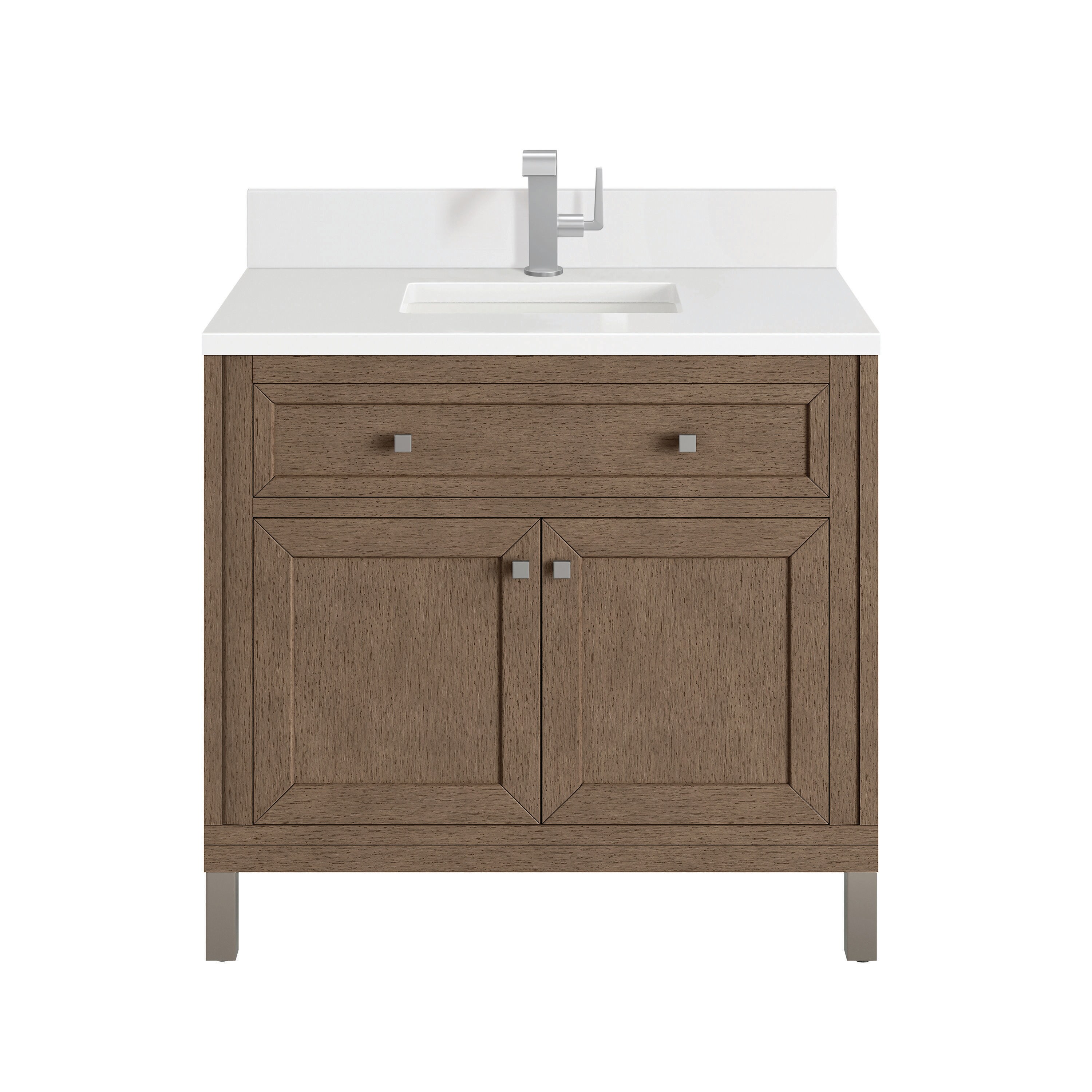 James Martin Vanities 305-V36-WWW-1WZ Chicago 36-in Whitewashed Walnut Undermount Single Sink Bathroom Vanity with White Zeus Quartz Top
