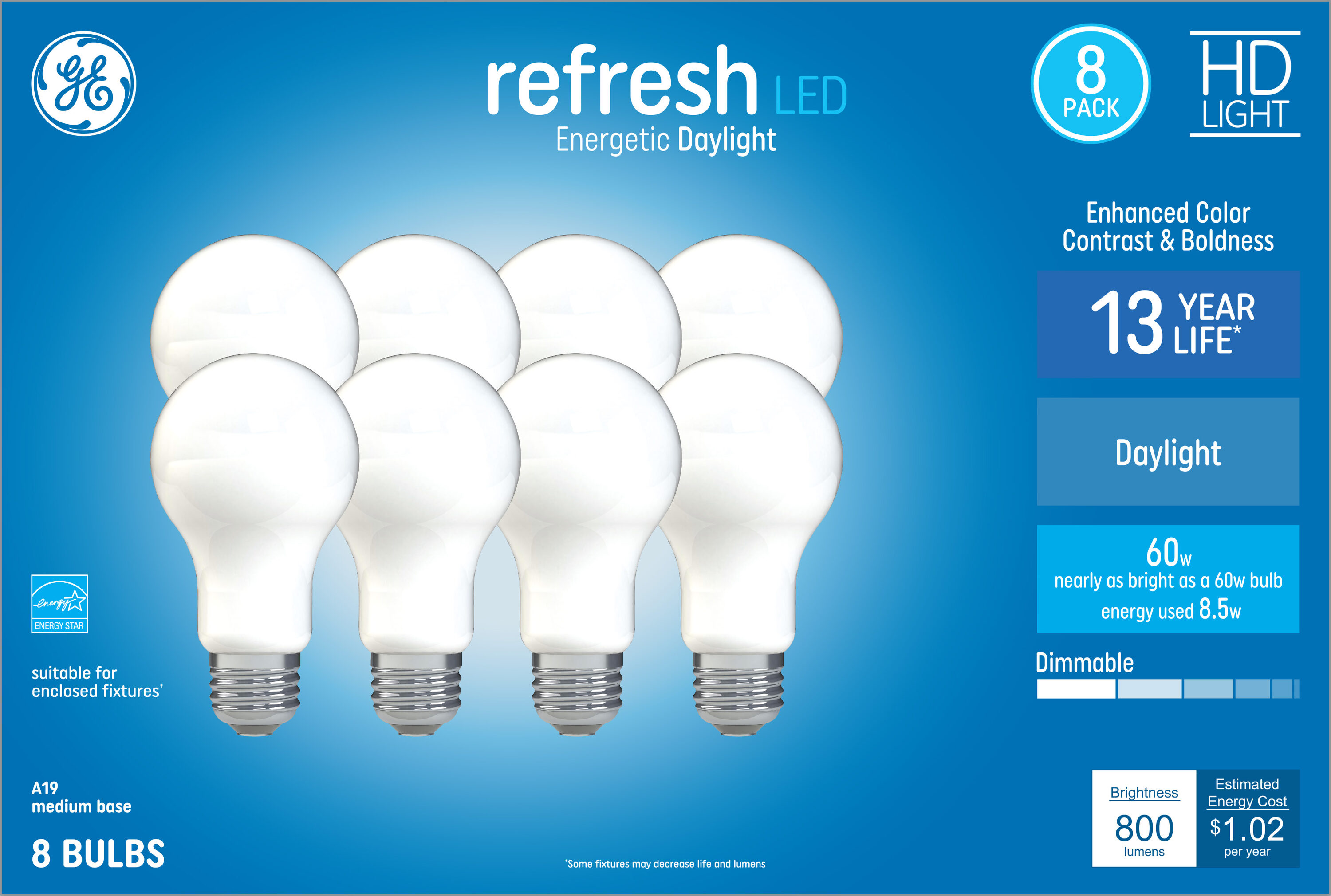 GE Refresh 60-Watt EQ A19 Daylight Medium Base (e-26) Dimmable LED Light  Bulb (8-Pack) in the General Purpose Light Bulbs department at
