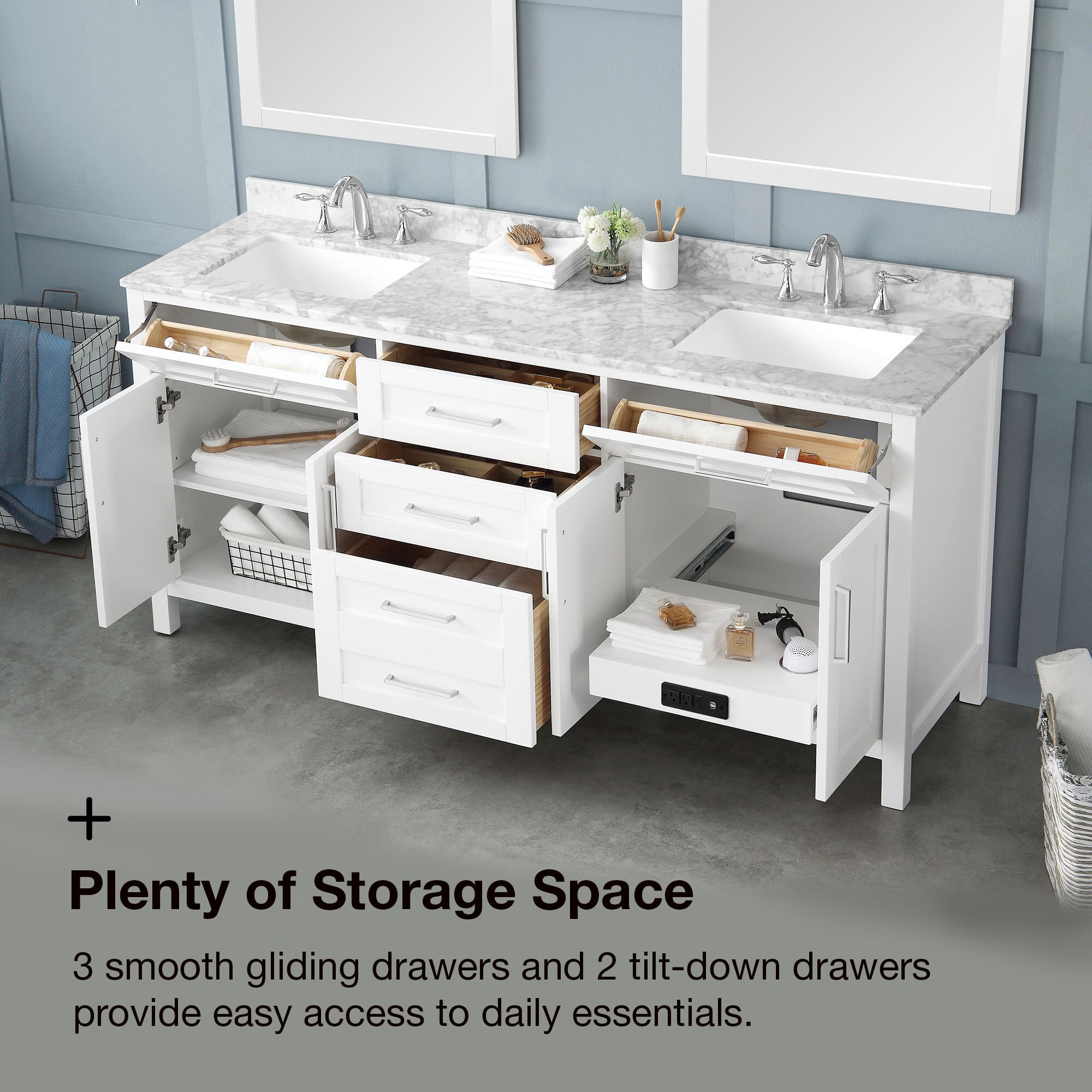 86 inch Single Sink Bathroom Vanity Set Including Makeup Table and 3  Matching Mirrors Antique White Color (86Wx22Dx36H) S7530