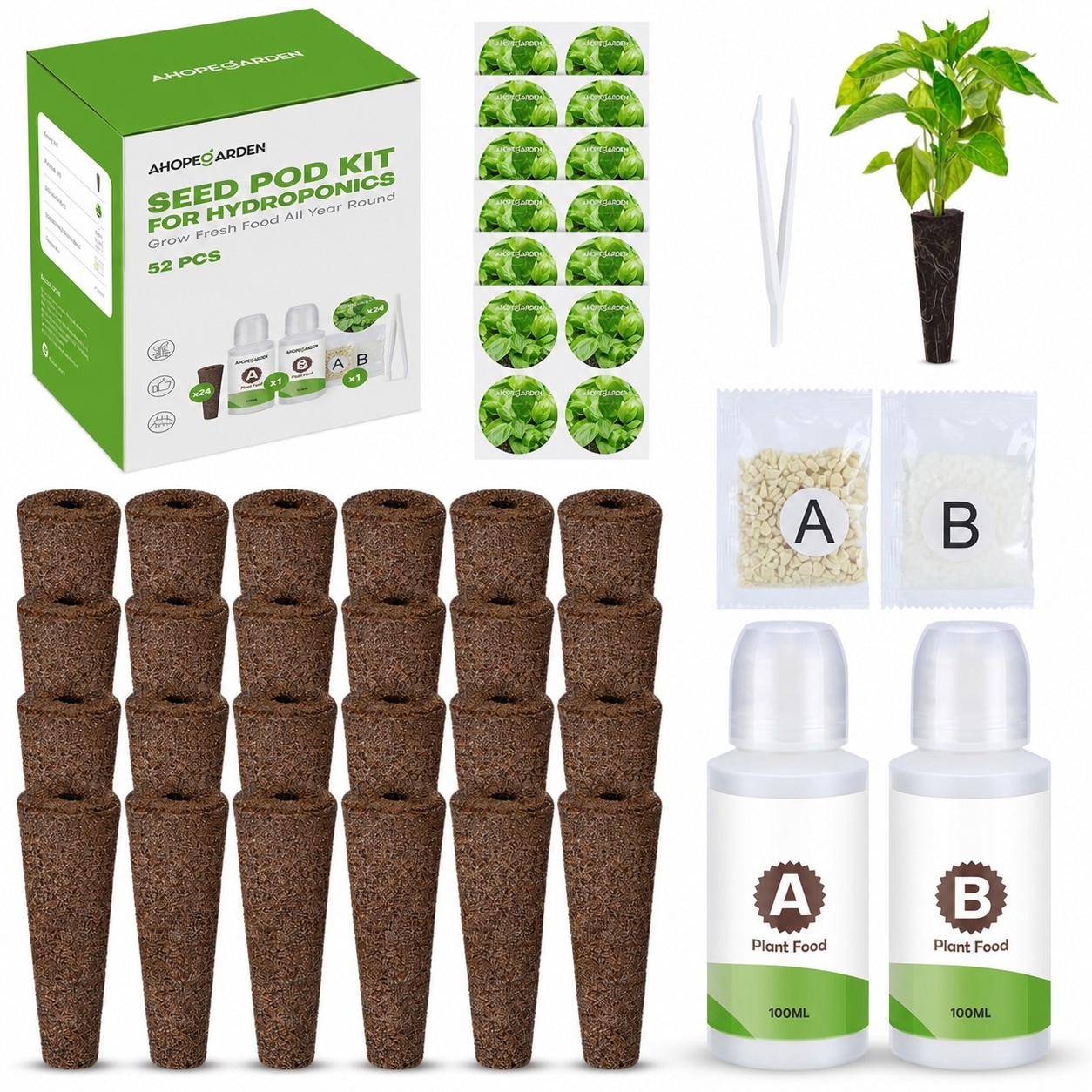 Adrinfly  Hydroponics Pods Kit 52pcs Indoor Garden Kit with 24 Grow Sponges 24 Pod Labels 4 Kit Plant Food Compatible with Most Hydroponic