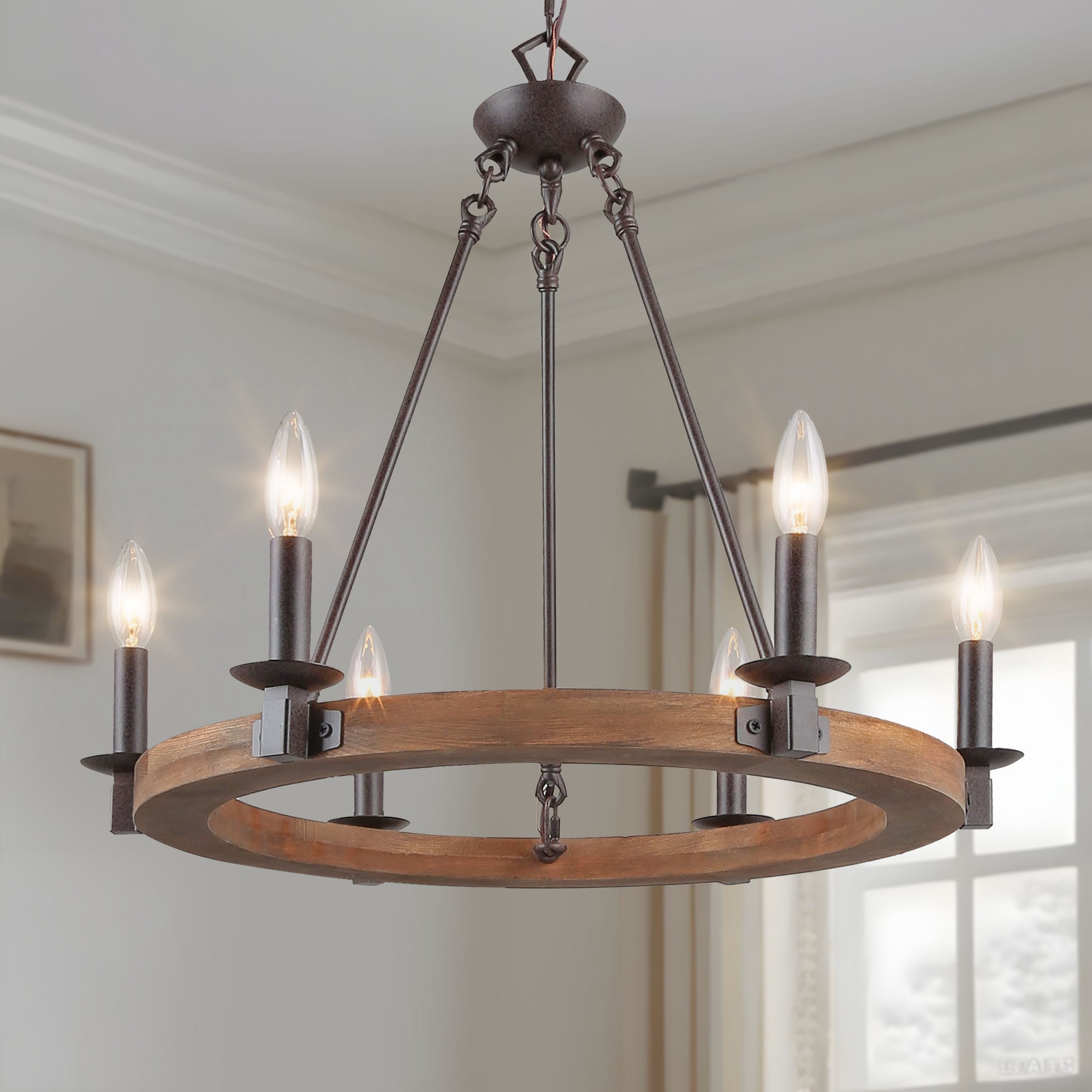 LNC A03300 Laius 6 -Light Antique Bronze Rustic Wood For Use in Bedrooms, Dining Rooms, Foyers, Kitchens, Living Rooms Chandelier